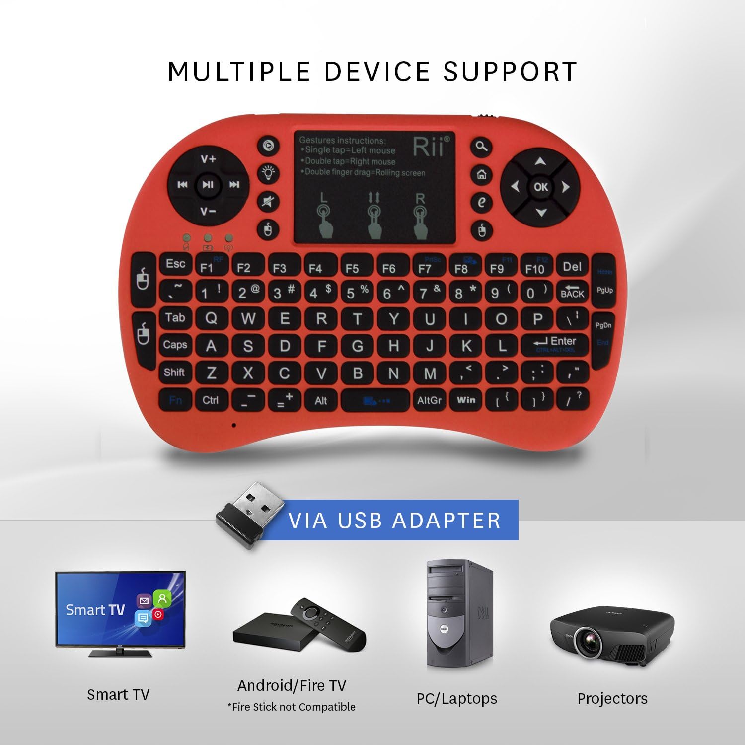 Rii i8+ Mini Wireless 2.4G Backlight Touchpad Keyboard with Mouse for PC/Mac/Android, Red (mwki8+)