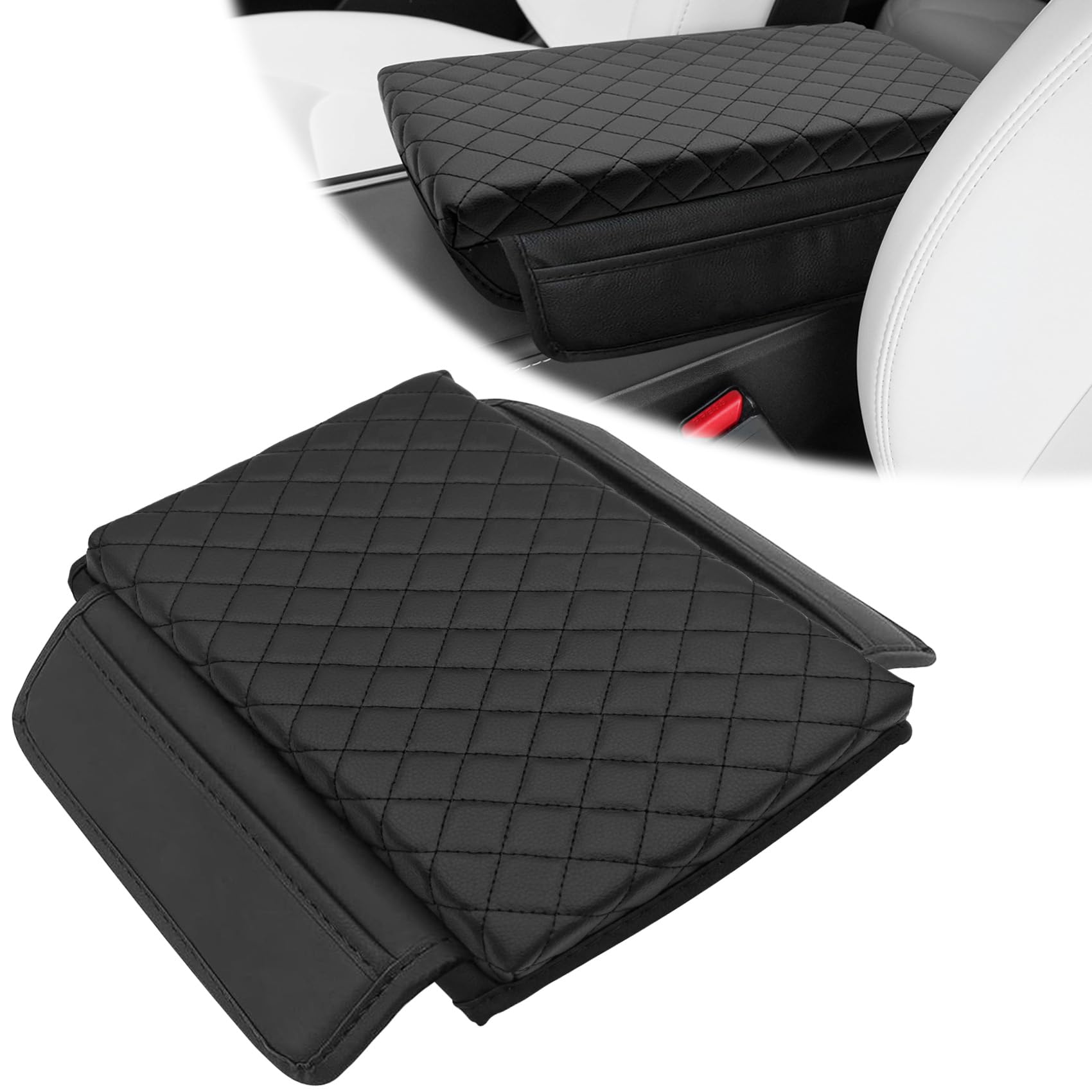 Photo 1 of Car Armrest Pad, Car PU Leather Armrest Box Pad with Pocket Design, Car Center Console Pad, Car Armrest Seat Box Protective Cover Compatible with Model 3 Model Y (Black)