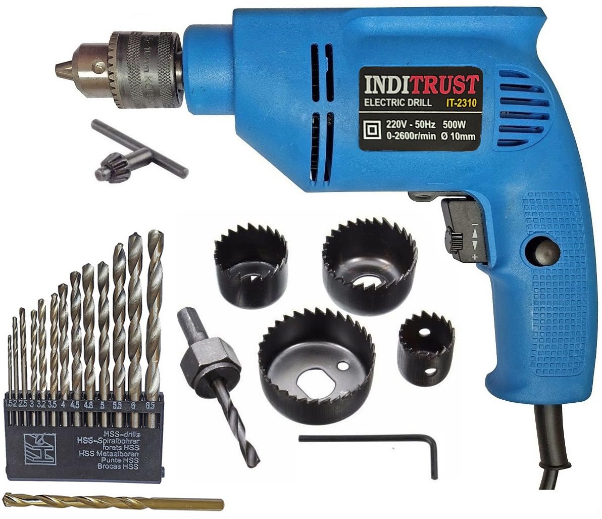 Inditrust new with 6 months warranty Reversible Drill machine 10mm 500W with 6pc holesaw set 13pc HSS & 1pc masonry bit (Pack of 4) Pistol Grip Drill 100% Copper Winding (B0CGHPM4CV) Amazon Price History, Amazon Price Tracker