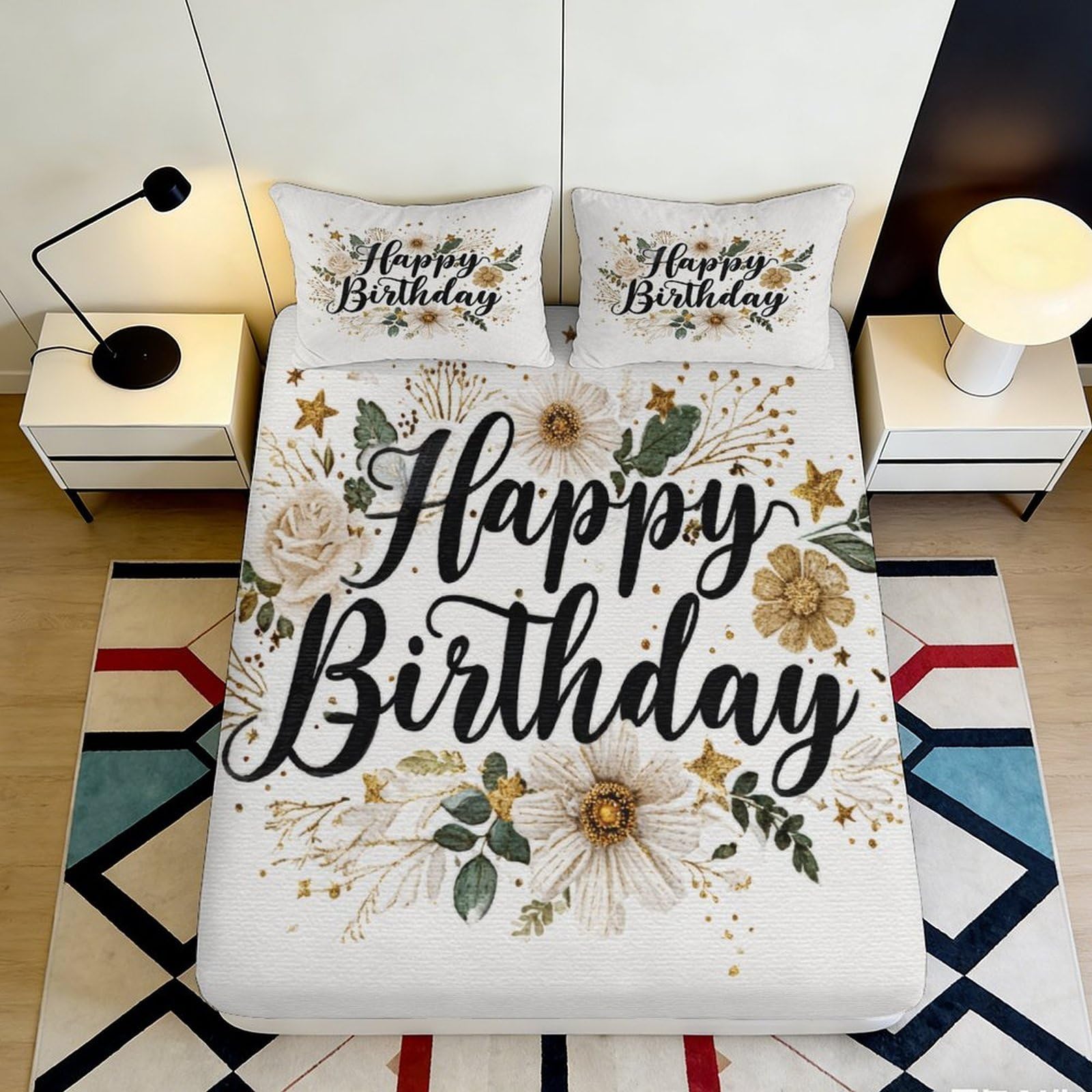 Elegant floral birthday 3D Printed Fitted Sheet, Microfiber soft touch, guest room bedding, wrinkle resistant, easy care 90x200x25cm