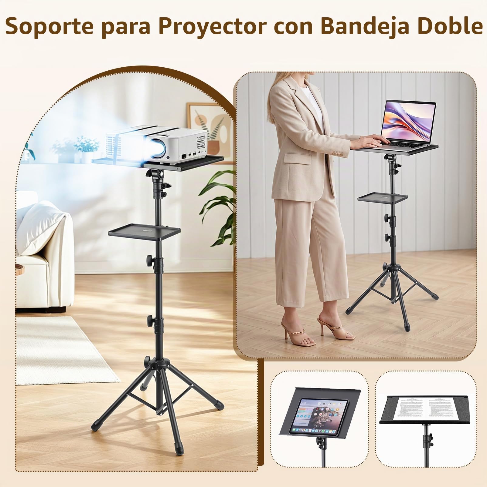 Soporte Proyector Doble Bandeja Altura Ajustable 70-135 cm 10 kg Trípode