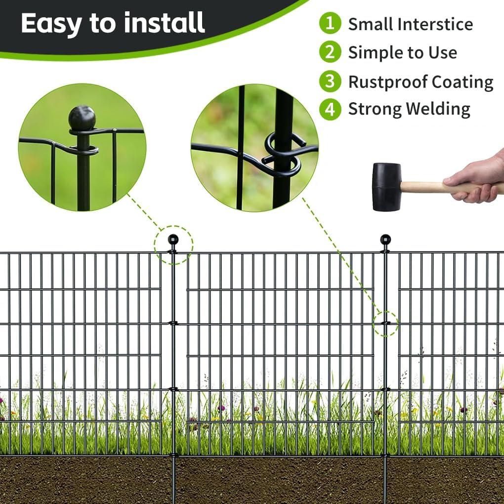 10 Panels No Dig Garden Fence for Outdoor Yard Decorative Animal Barrier Fencing Rustproof Metal Wire Panel Border for Dog Rabbits and Patio Temporary Ground Stakes