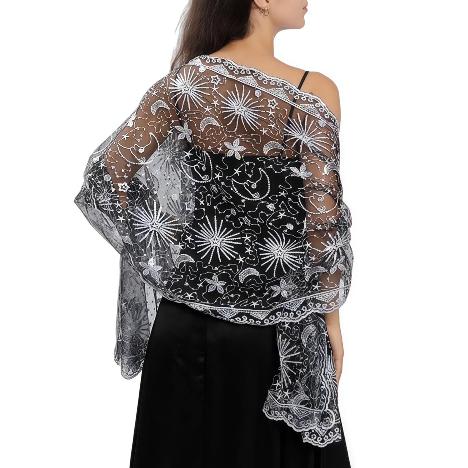 Manjiamei Women's Black Silver Sequin Shawls And Wraps For Evening Dresses, Elegant Embroidered Sparkly Stars Moons Long Scarf Sheer Mesh Wedding Stole For Bridal Cocktail Parties Proms,