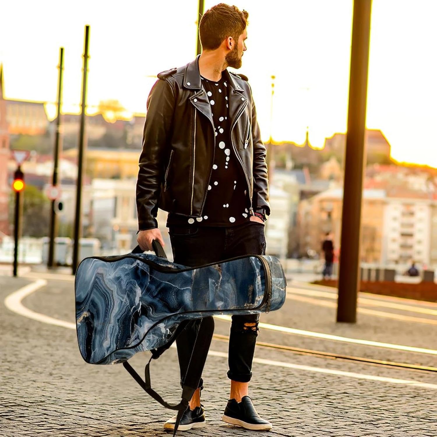 Retro Aesthetic Marble Guitar Bag 40 41 42 In 2 Pockets Guitar Case Waterproof Guitar Case Resistent Oxford Cloth 0.4 In Extra Thick Sponge Padded for Acoustic Guitar