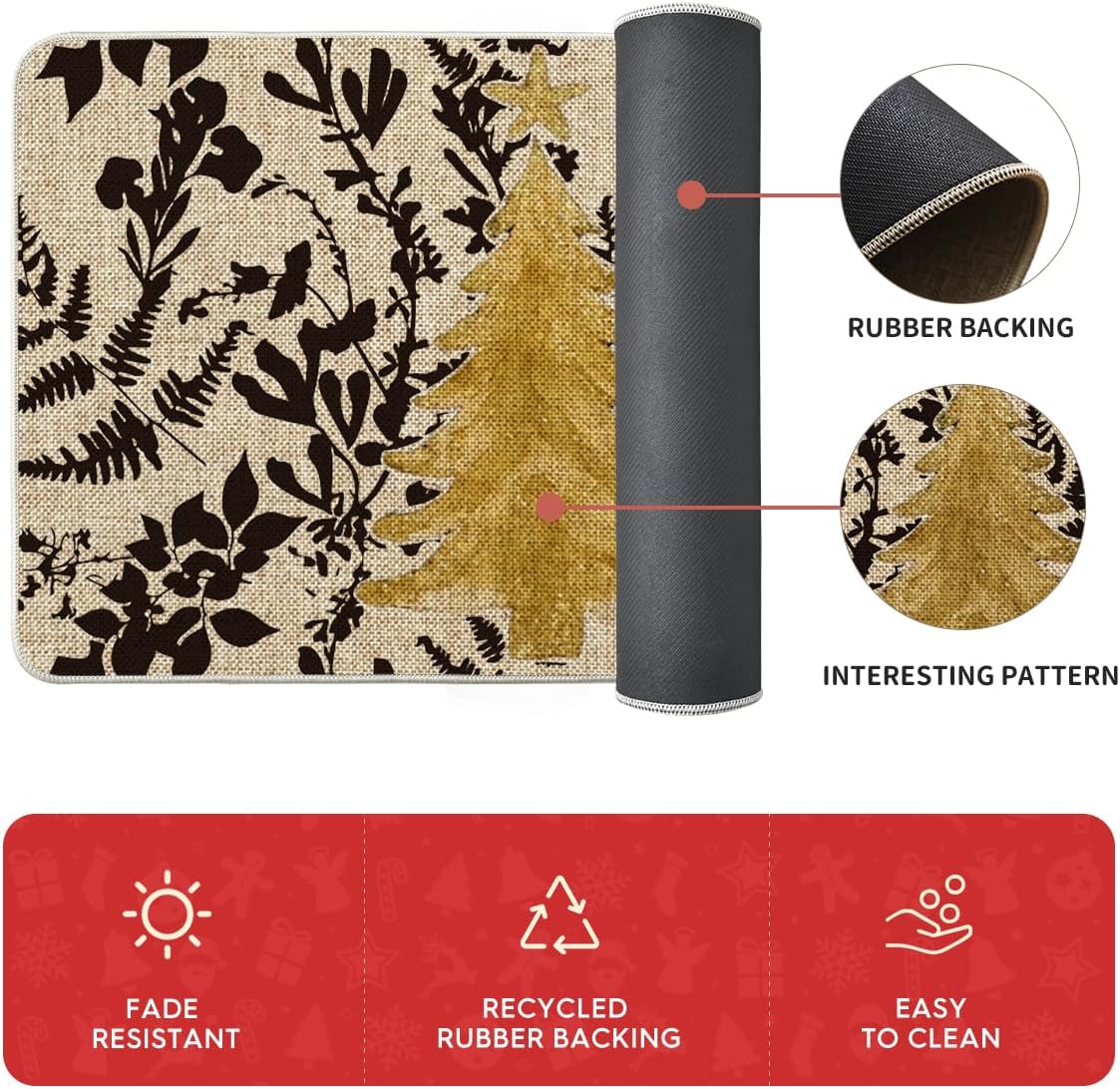 Artoid Mode Golden Xmas Tree Ornament Christmas Kitchen Mats Set of 2, Winter Low-Profile Home Decor Kitchen Rugs for Floor - 17x29 and 17x47 Inch