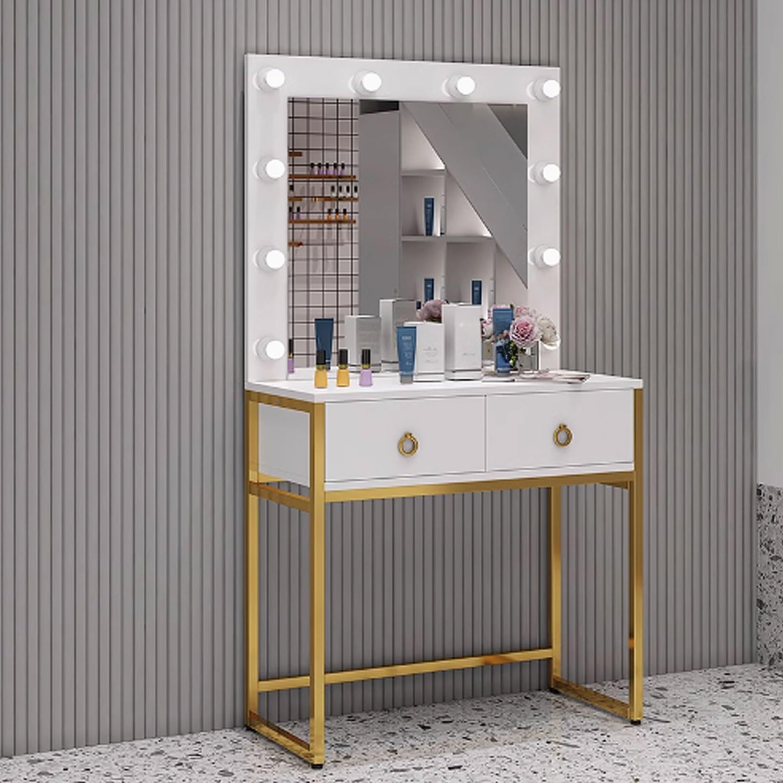 asdchZen Chic White Illuminated Vanity Mirror Dressing Table For Home Studio-Compact Makeup Station And Storage Solution Perfect For Small Spaces