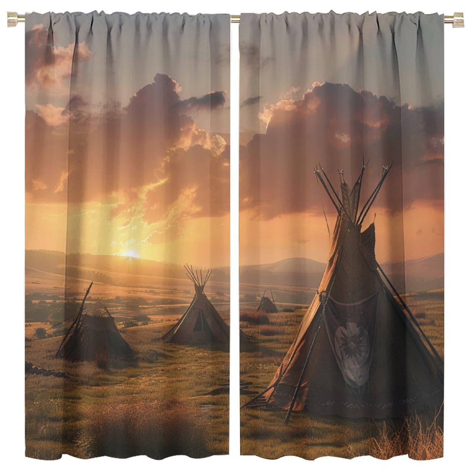 TOWINSFB Retro Indian Tent Sunset Blackout Curtains, Classic Camping Sky Cloud Home Decor Rod Pocket Window Drapes for Living Room Bedroom