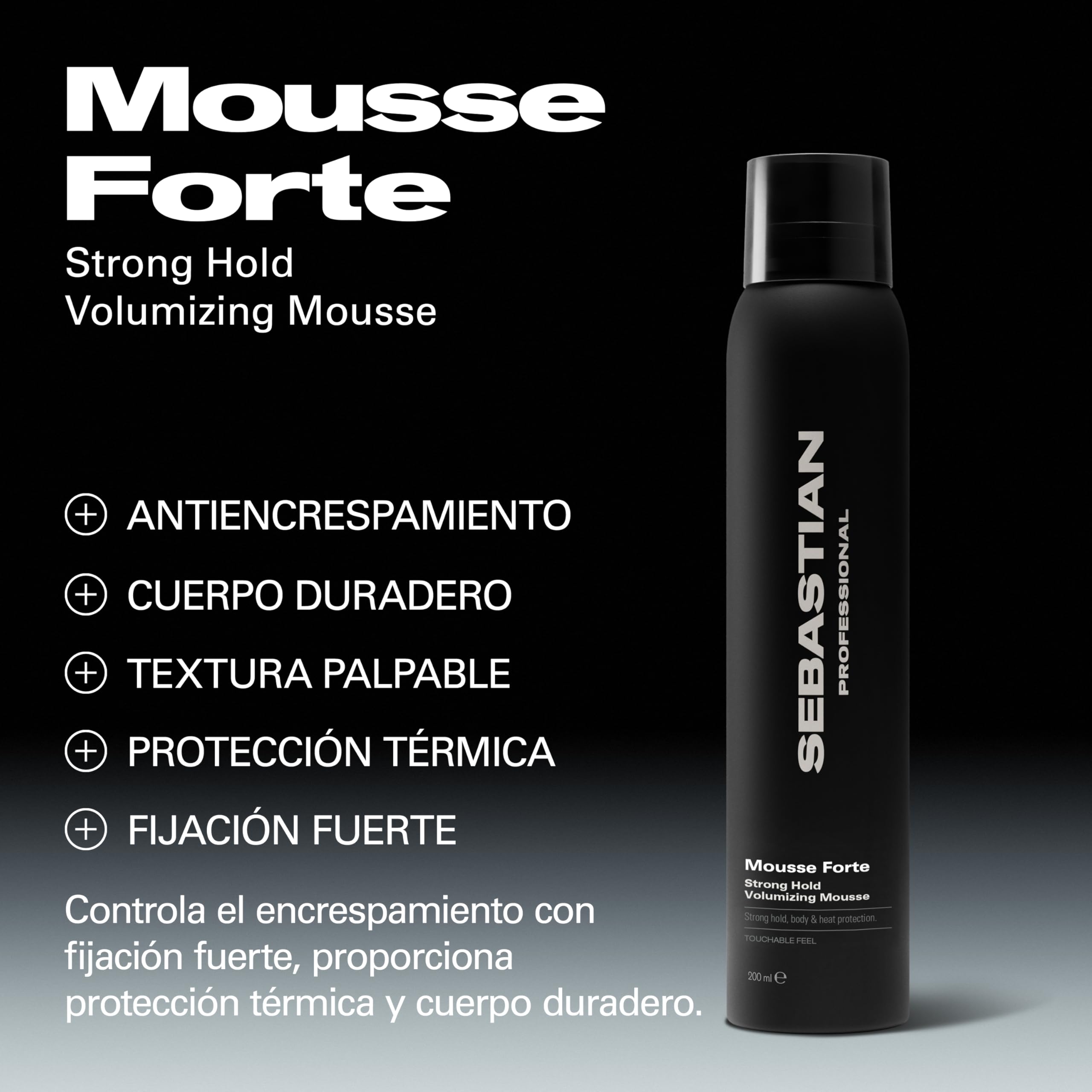 Sebastian Professional Mousse Forte | Espuma Voluminizadora de Fijación Fuerte | Protección Térmica | Volumen y Cuerpo Duradero | Acabado, Fijación y Control | Suave al Tacto | 200ml