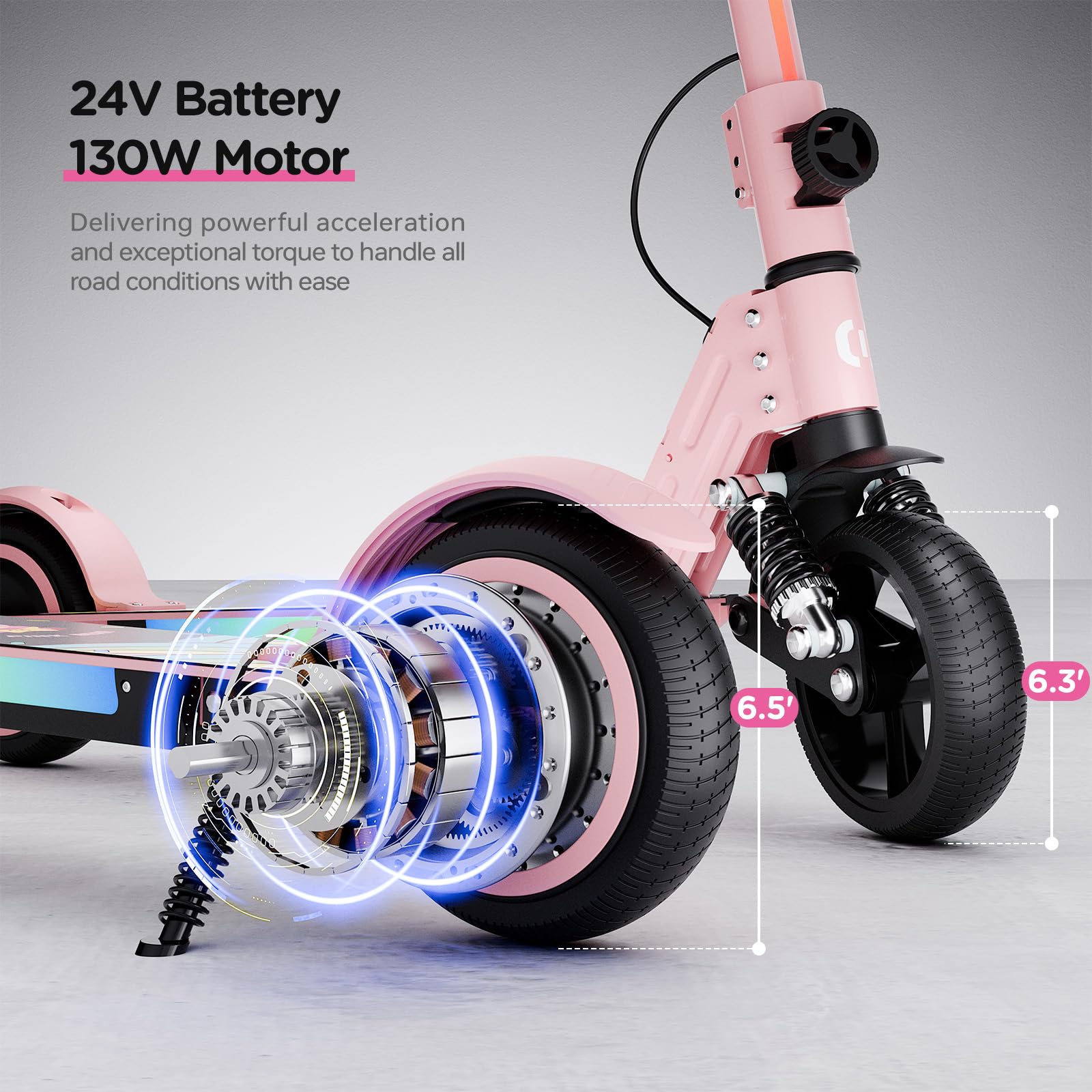 S5 Patín eléctrico para niños, Scooter Plegable para niños con iluminación LED, Ruedas Todo Terreno de 6.5", Velocidad hasta 14 km/h, para Edades de 6 a 14 años, Rosa