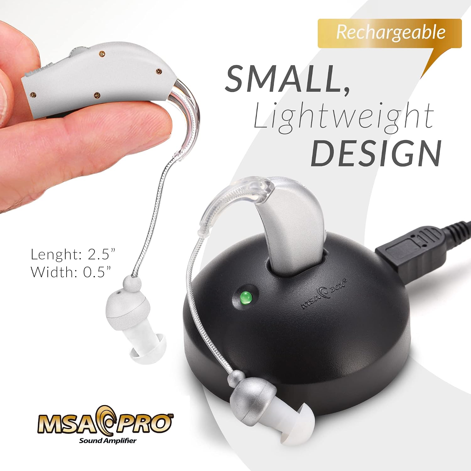 MSA PRO Sound Amplifier, Amplifies Sound by 30 Times, Up to 20 Hours Continuous Use, Lightweight, Nearly Invisible, Adjustable Volume, Fast Charging, Silver, 1ct