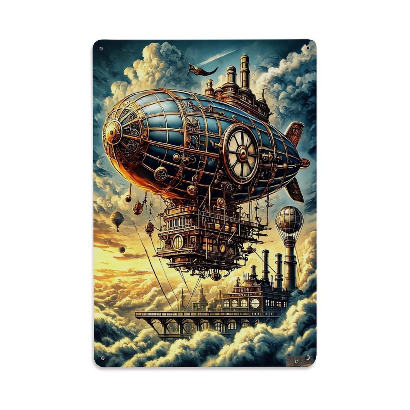 Steampunk Airship Cloud Cityscape Retro Metal Tin Sign, Vintage Metal Poster for Bar, Home, Man Cave, Kitchen, Laundry Room Art Decor 8x12 Inch
