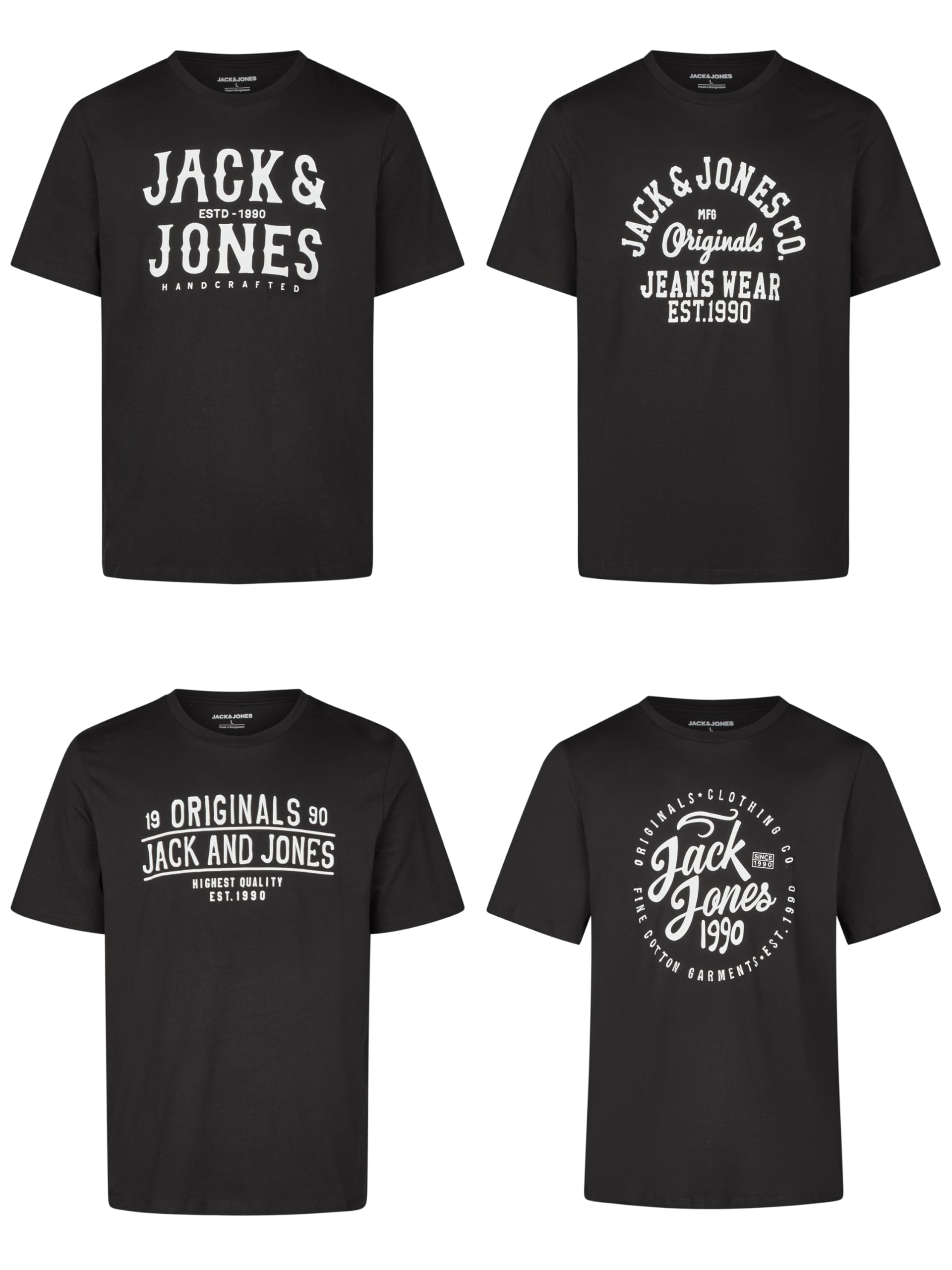 JACK & JONES Tshirt Herren Regular Fit JJLINO 4er Pack Set Pack Rundhals Kurzarm Sommer Tee Shirt Print Schwarz Weiß Grün Rot Blau Grau S M L XL XXL 3XL