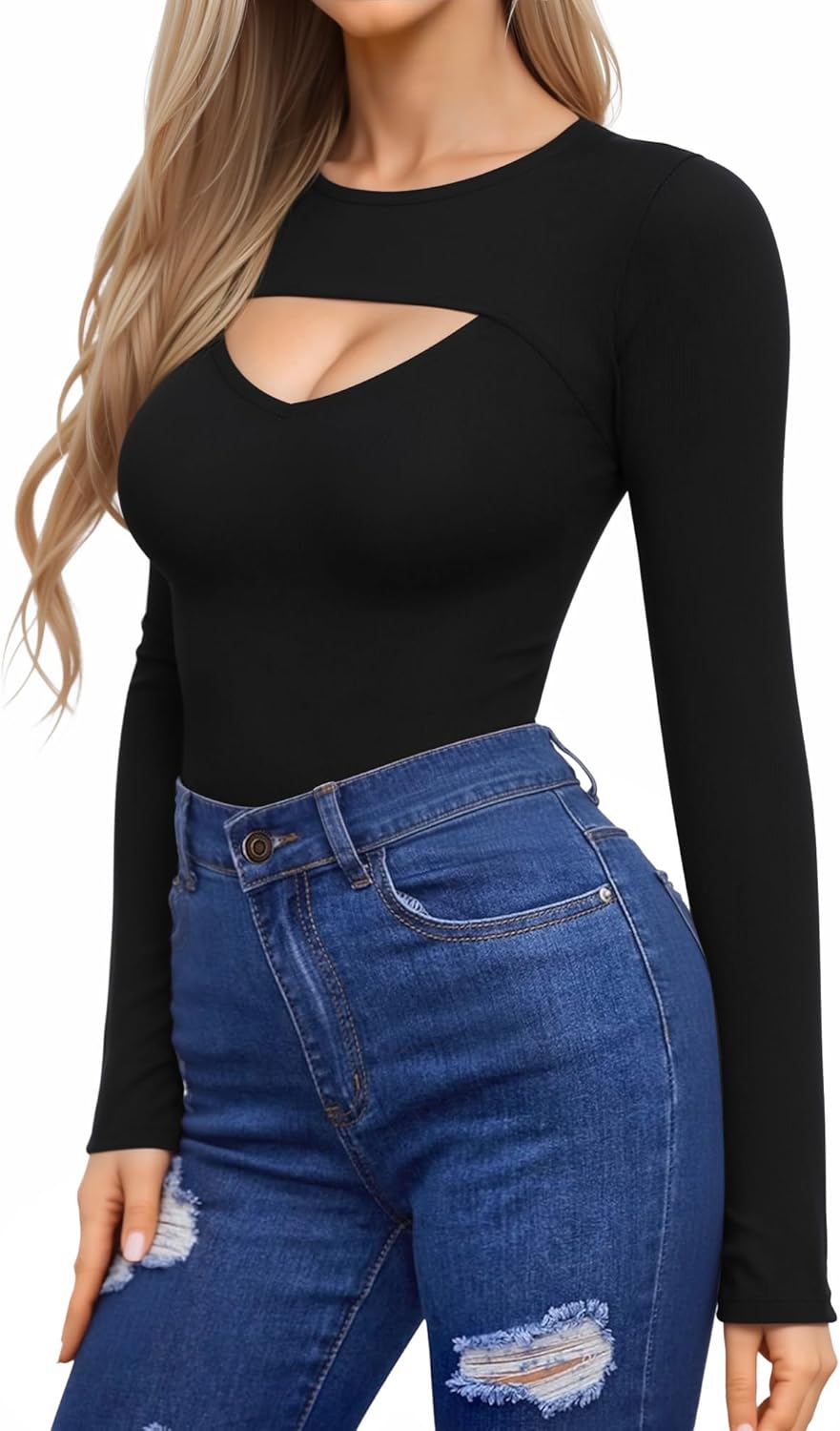 HERLOLLYCHIPS Womens Long Sleeve Tops Short Sleeve Cut Out Front Ribbed Fitted Sexy Casual Dressy Fall Tee T-Shirts Tshirt - Image 2