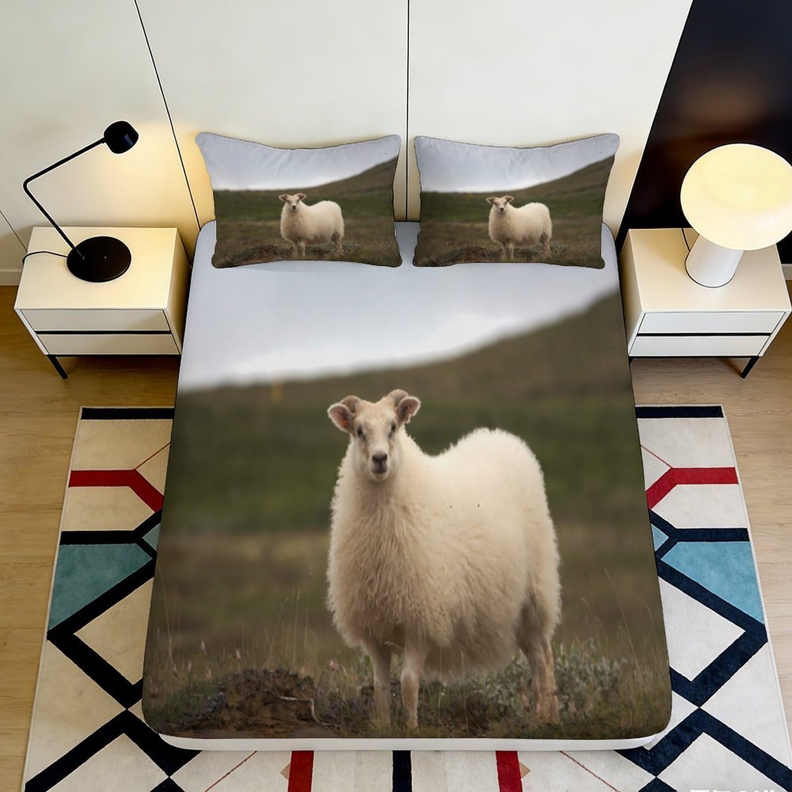 3D Printed Sheep Pattern Fitted Sheet Microfiber Soft Breathable Pastoral Landscape Bed Cover for Bedroom Dormitory Guest Room Mattress Protection Decor 90x200x25cm