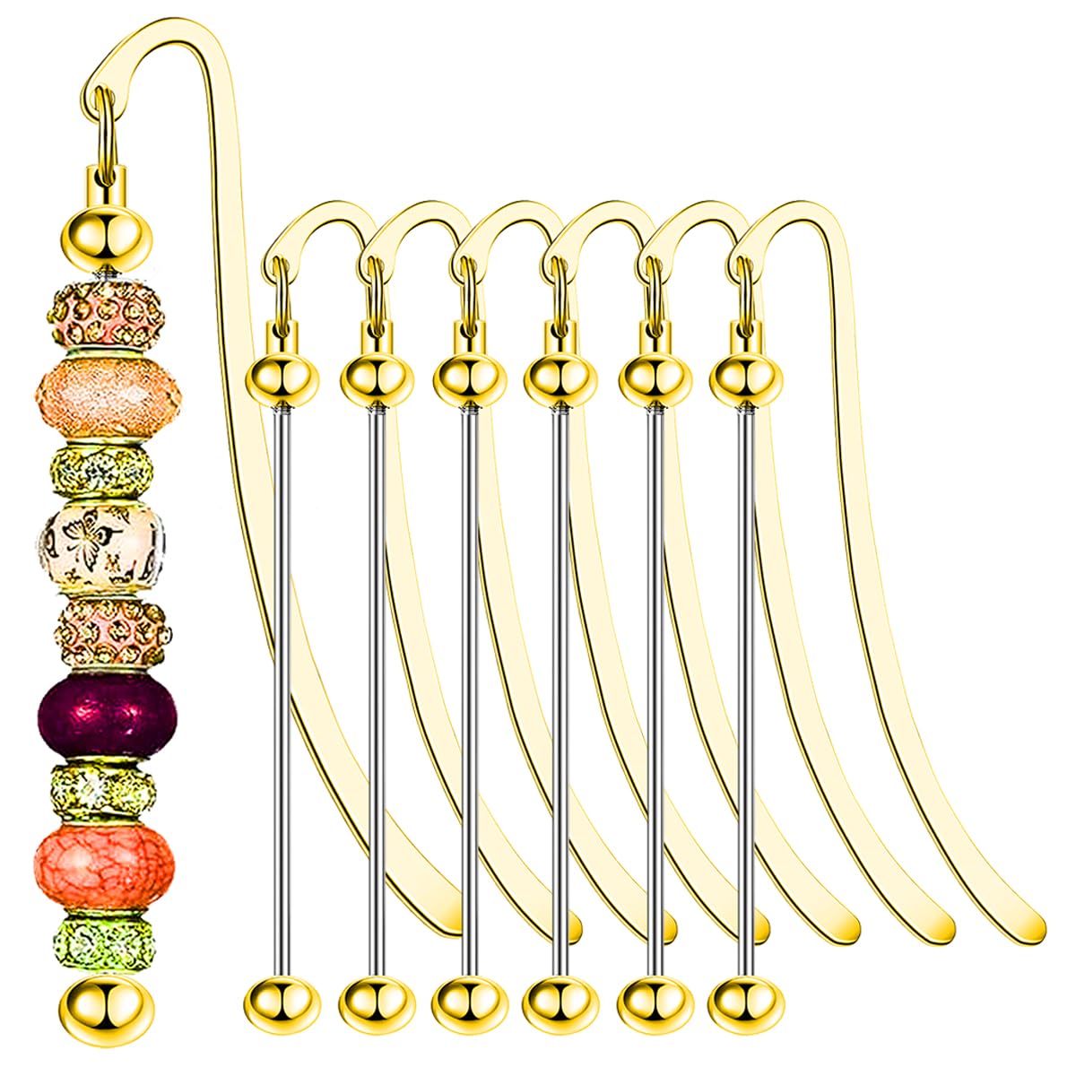 6Pcs Beadable Bookmarks DIY Metal Blank Beaded Bar, Beading Bookmark Bars Bulk for Beads for Book Lovers Student Teacher Office Supplies Craft Jewelry