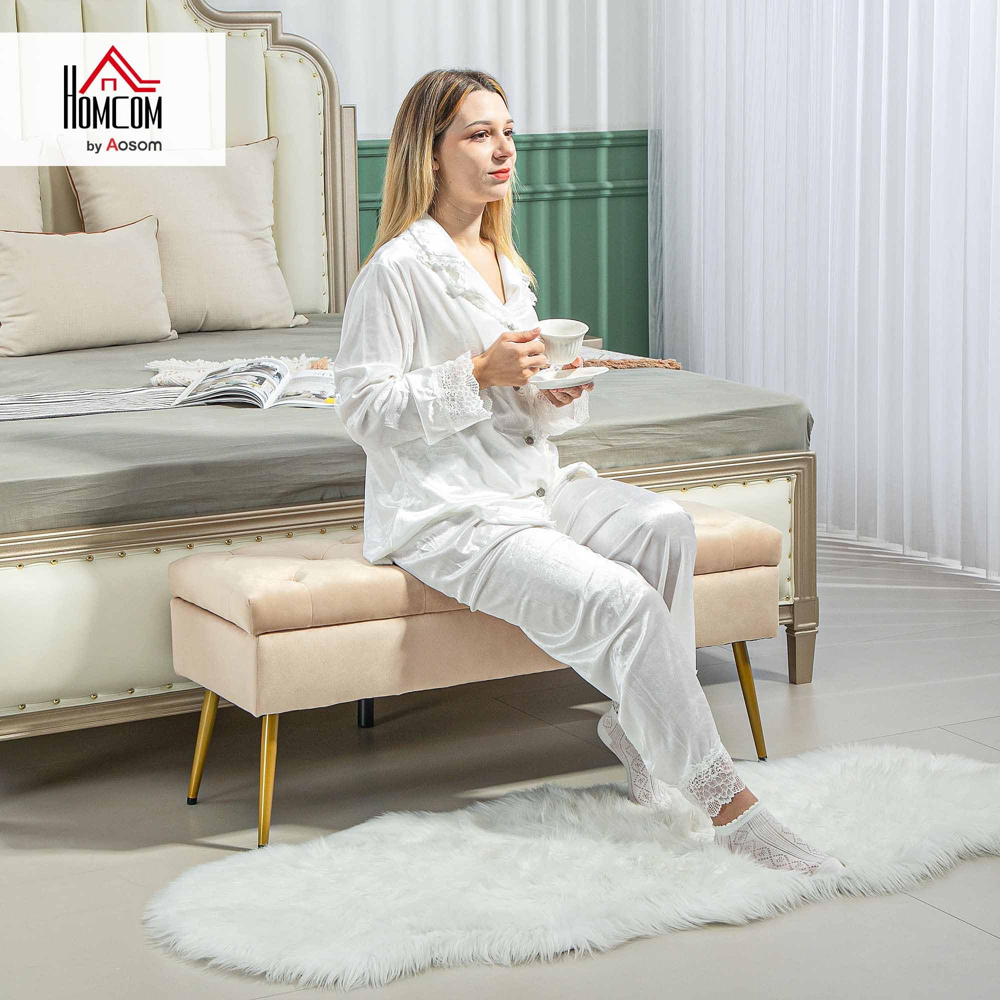 HOMCOM Banco almacenamiento tapa, terciopelo, 102x35x43cm, Beige | Banco tapizado, banco cama para pasillo, dormitorio, salón, marco metálico.