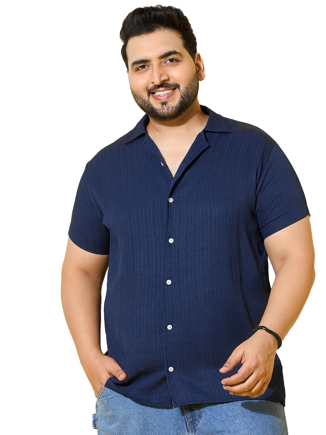 bigbanana Men Plus Size Solid Navy Half Sleeve Shirt-picture-21