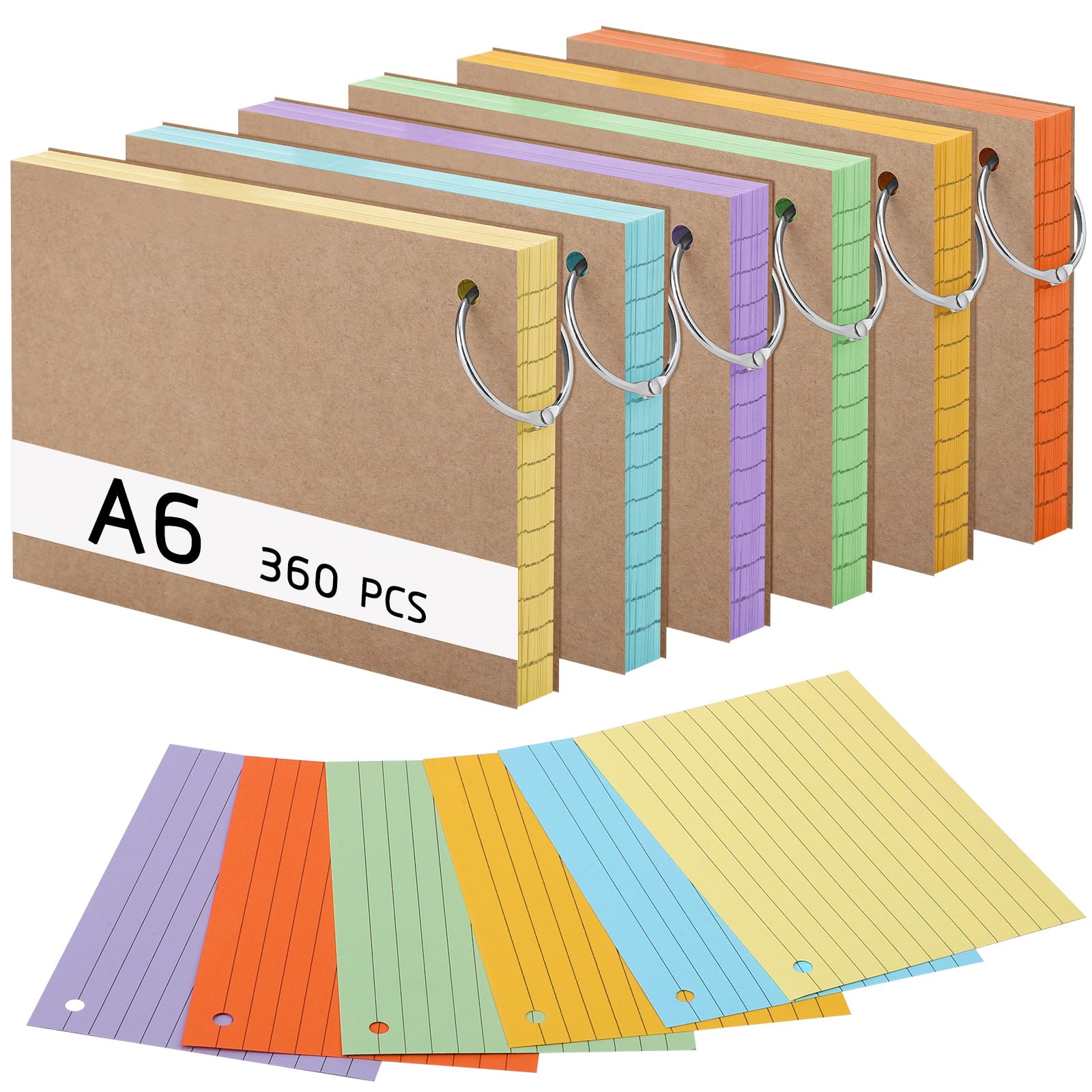 360 Stücke Karteikarten, A6 150g/m²Linierte Lernkarten mit Krafteinband und Loseblattring, Lernkarten in 6 Farben für Vokabel Lernen, Schule, Büro, Zuhause(14,8 x 10,5 cm)