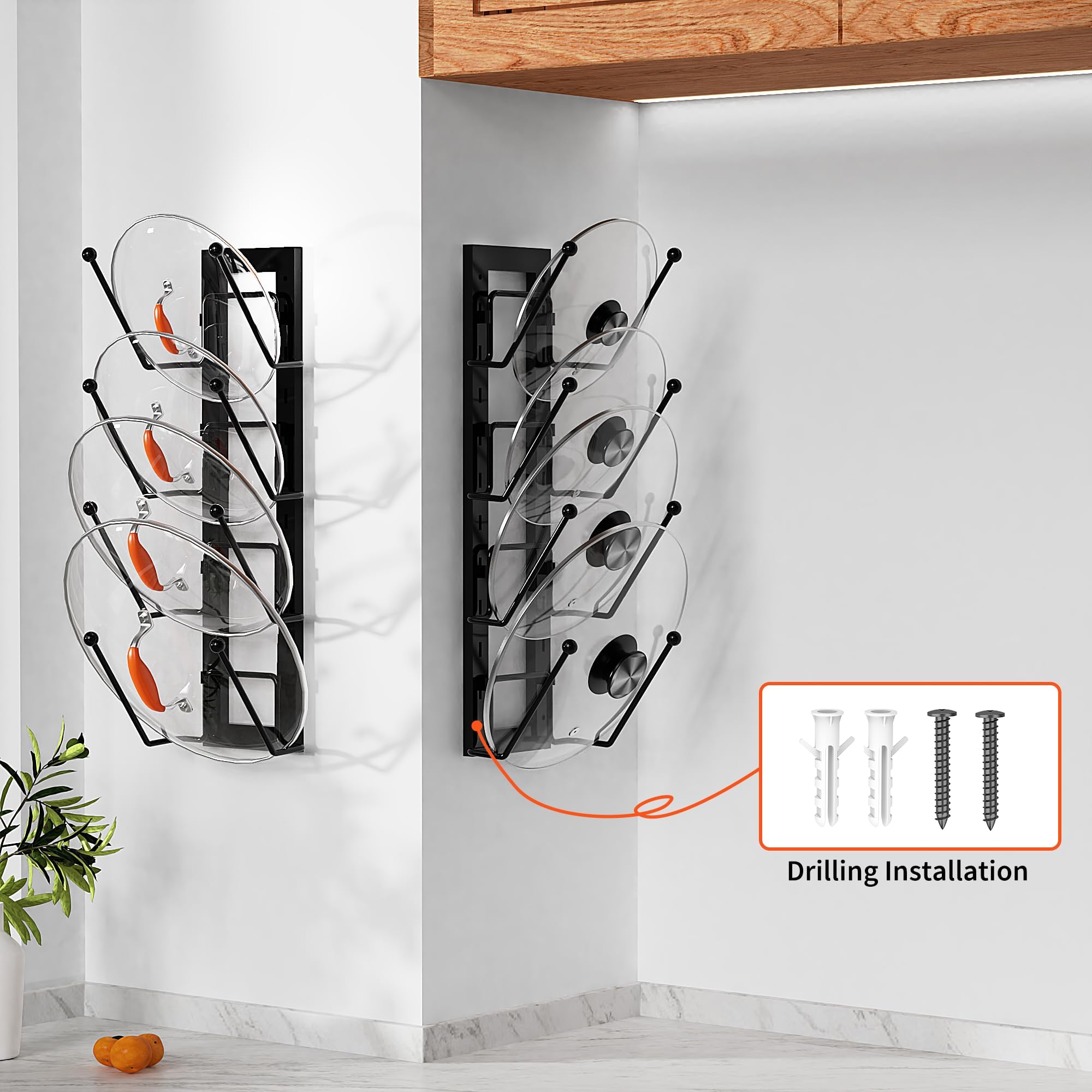 8 capas de organizador de tapa de olla ajustable para puerta de gabinete/pared, paquete de 2 organizadores de tapas para ollas y sartenes para almacenamiento de cocina sin adhesivo de perforación