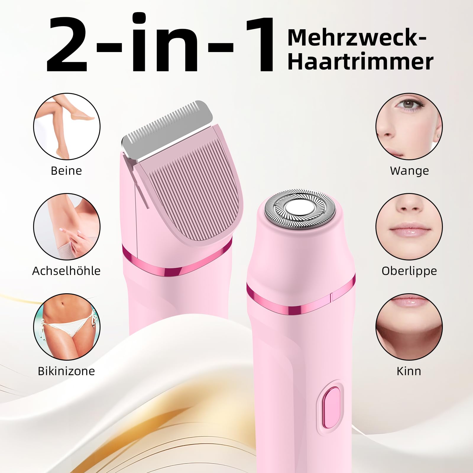 Rasoir Electrique Femme, 2 en 1 Tondeuse précise pour visage, Wet&Dry Tondeuse Bikini Femme pour Visage, Bras, Jambes, Aisselles, IPX7, nettoyage facile (Rose)