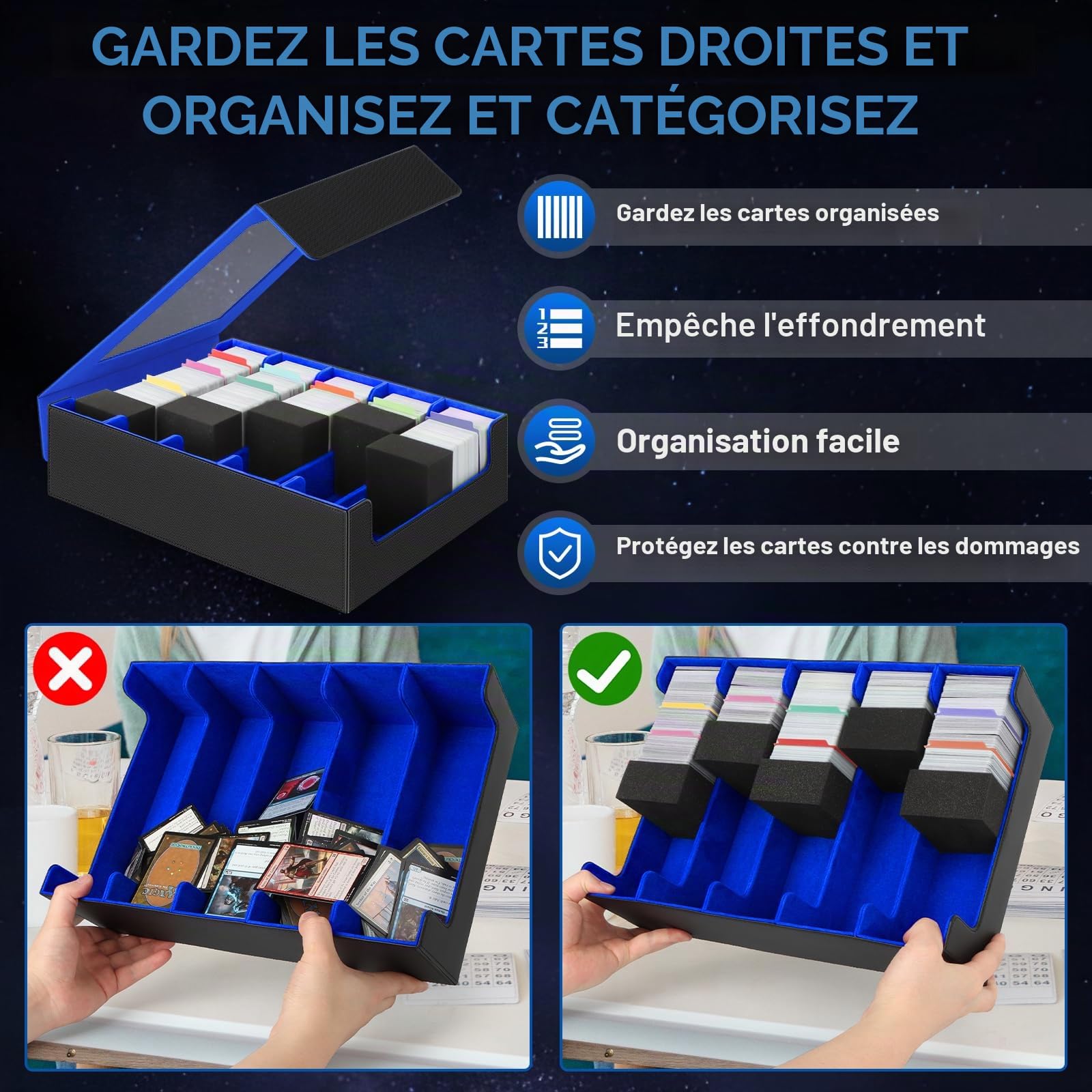 AOBOPLE Boîte de 5 Rangées Rangement de Cartes Pour 3900+ Cartes, Avec 48 Intercalaires et 5 Supports en Mousse, Boîte Rangement Carte Magnétiques de Qualité Supérieure,Rangement Cartes de Sport(Bleu)