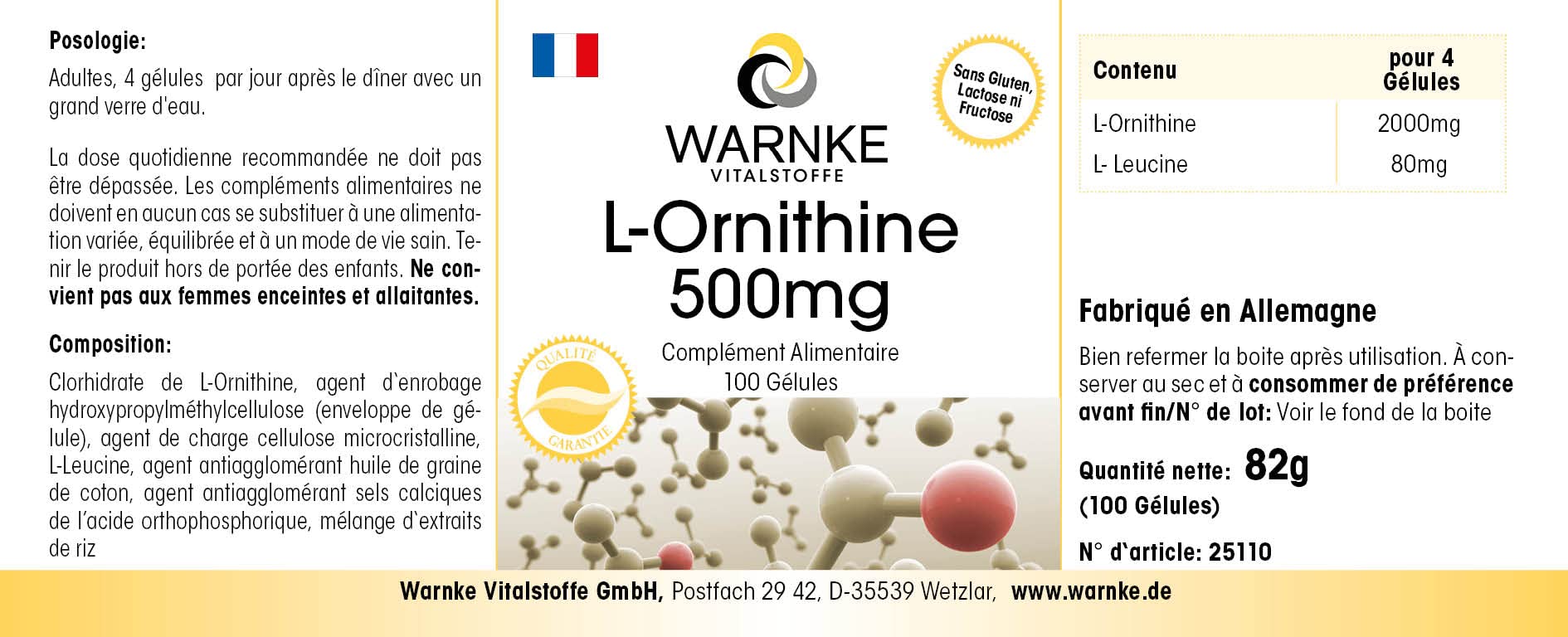 L Ornitina capsule - 500mg - Vegan - 100 Capsule | Warnke Vitalstoffe - Qualità da farmacia tedesca
