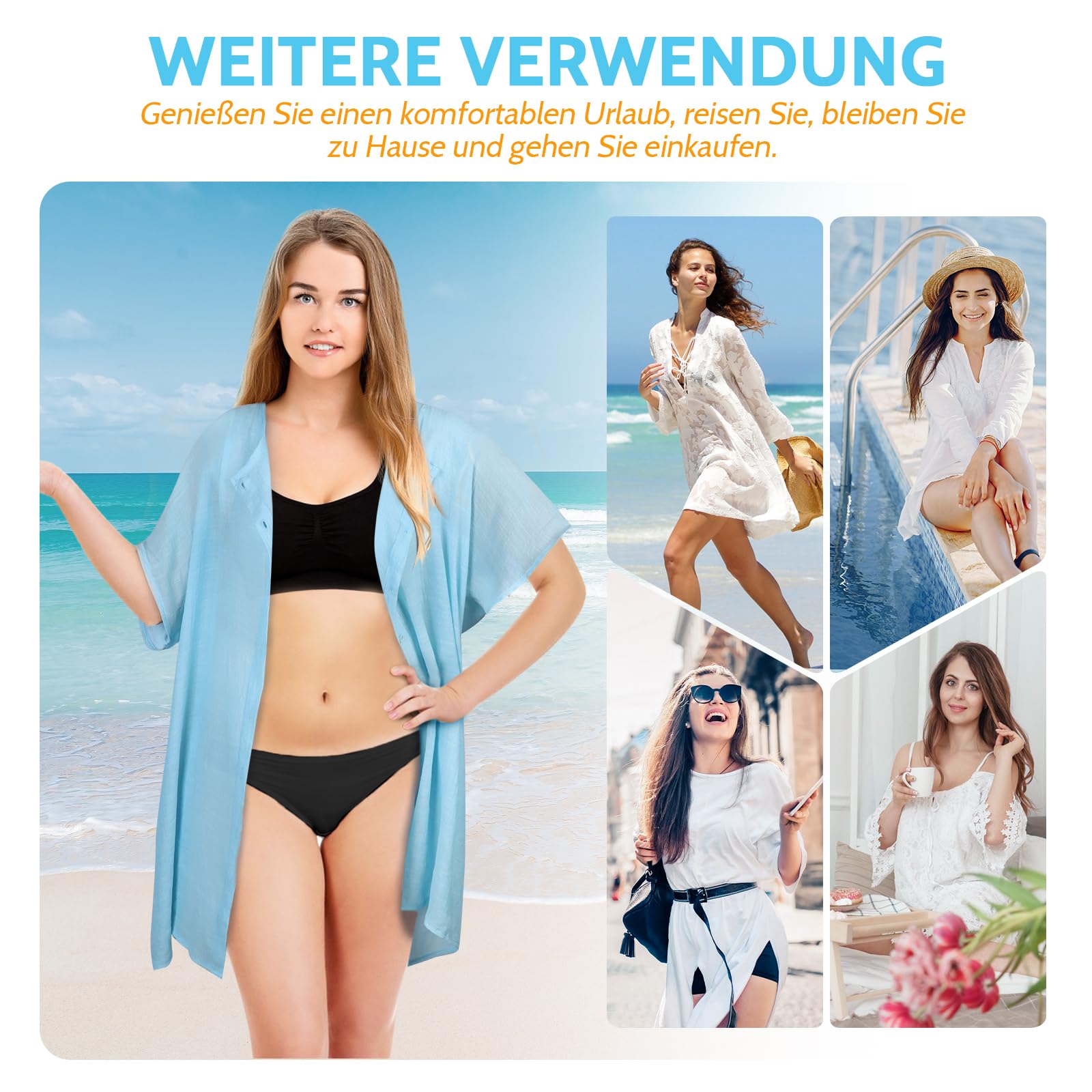 Damen Strandkleid Bikini Cover Up mit Rund Ausschnitt Knopfleiste Kurzarm Ärmel Sommerkleid Sommer Strandurlaub Badeanzug Strandtunika Vertuschen Shirt für Urlaub