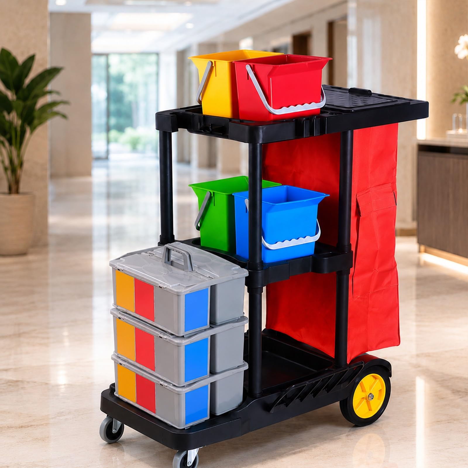 Cleaning Trolley on Wheels with 4 x 6 L Buckets and Bag,Janitorial cart, storage trolley, cleaning product carrier, for hotel and restaurant, 110 x 56 x 101(3-Tier Sorting Box)