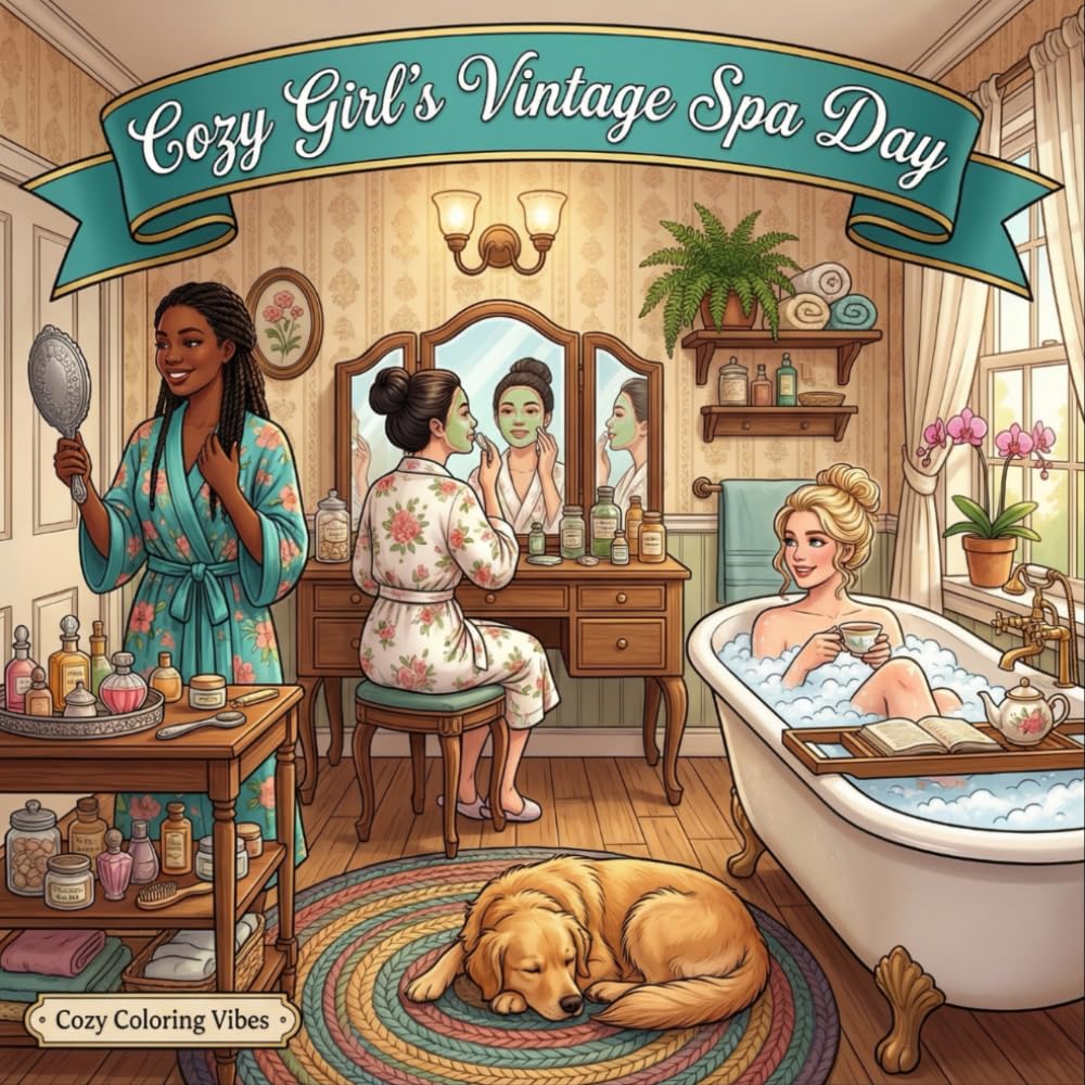 Cozy Girl’s Vintage Spa Day: Cute Fun Bold Line Designs Adult Coloring Book with Self-Care Rituals, Skincare Moments, Bath Time Relaxation & Comfort .