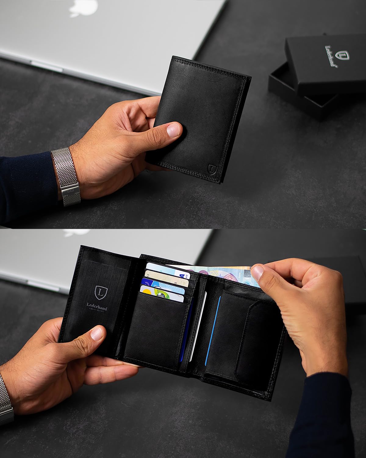 Lederhand iClassy Hochformat - Echtleder Geldbörse handgemacht und doppelt genäht Portemonnaie mit Münzfach und Platz für 13 Karten + 1 Sichtfach - Geschenk | (Schwarz Nappa)