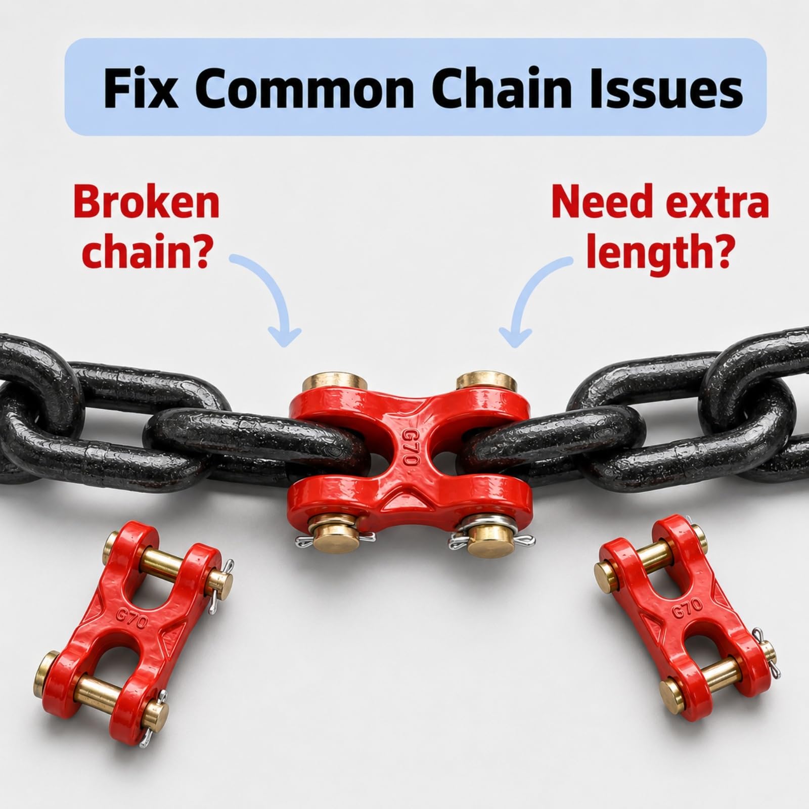 2 unidades G70 Twin Clevis Link 1/4-5/8 pulgadas conector de cadena de acero de aleación, enlace de aparejo resistente for remolque, remolque, seguridad de carga(Red,5/8 Inch)