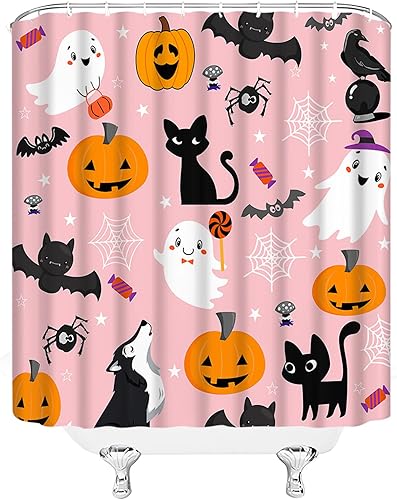 Miniatura 3 de Cortina de ducha de Halloween de dibujos animados, lindo fantasma, murciélago, gato negro, calabaza, telaraña, espeluznante, terror, divertido,