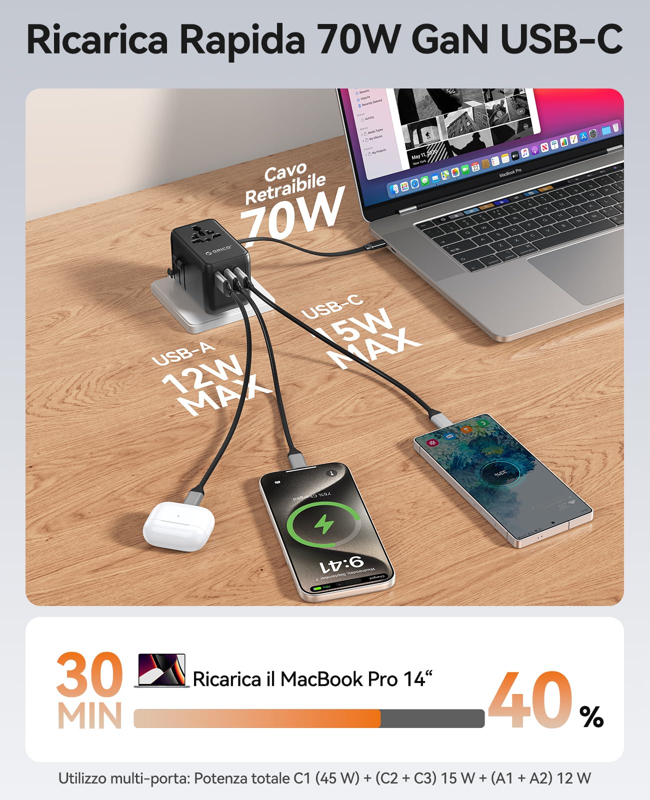 ORICO GaN 70W Adattatore Universale da Viaggio, 7-in-1 con 3 USB-C, 2 Prese AC e 2 USB-A, Adattatore Presa Internazionale per Oltre 200 Paesi tra cui UE, USA, UK, Australia, Giappone - UAX(Nero）