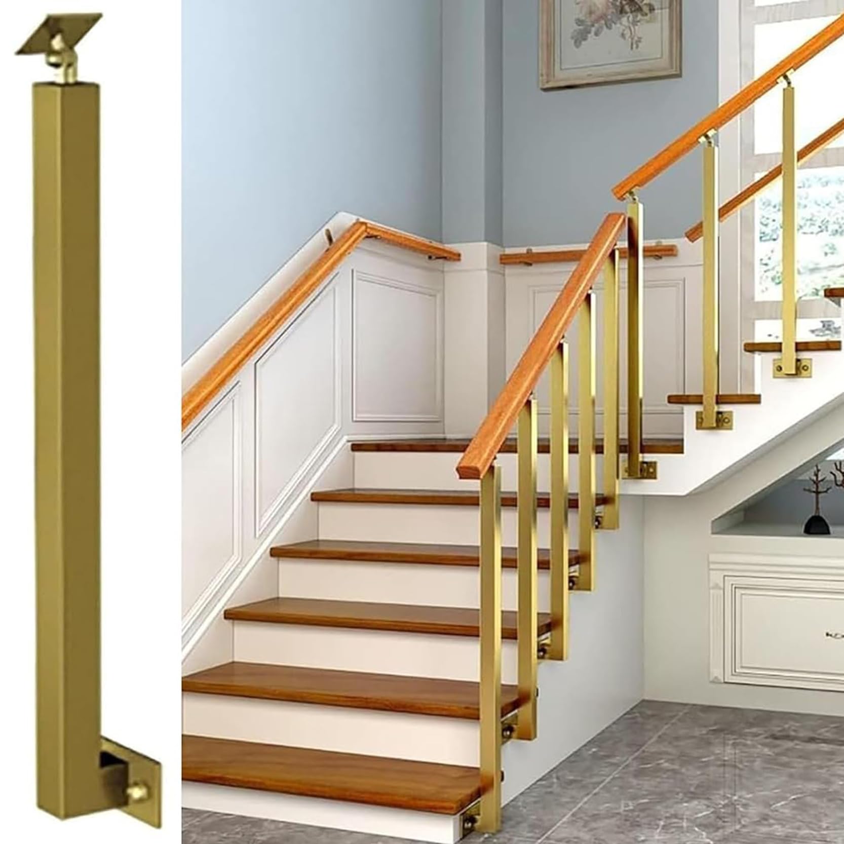 GOUZIBHD Square Stair Baluster Posts - 270°Adjustable Metal Railing Spindles with Flat Bracket Base,Indoor Stair Railing Kits for Attics Office Buildings Decks,Side Mount(Size:90cm/35.4in,Color:Gold)