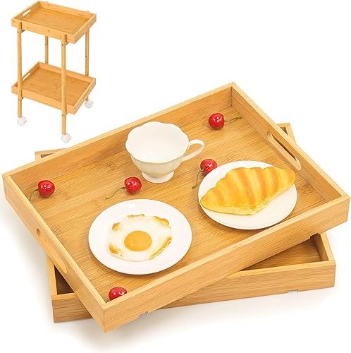 Mxbamhyc Carrito de barra de bambú, carrito de servir con bandeja rodante, carrito de utilidad con ruedas y bandejas, carrito de café de 2 niveles