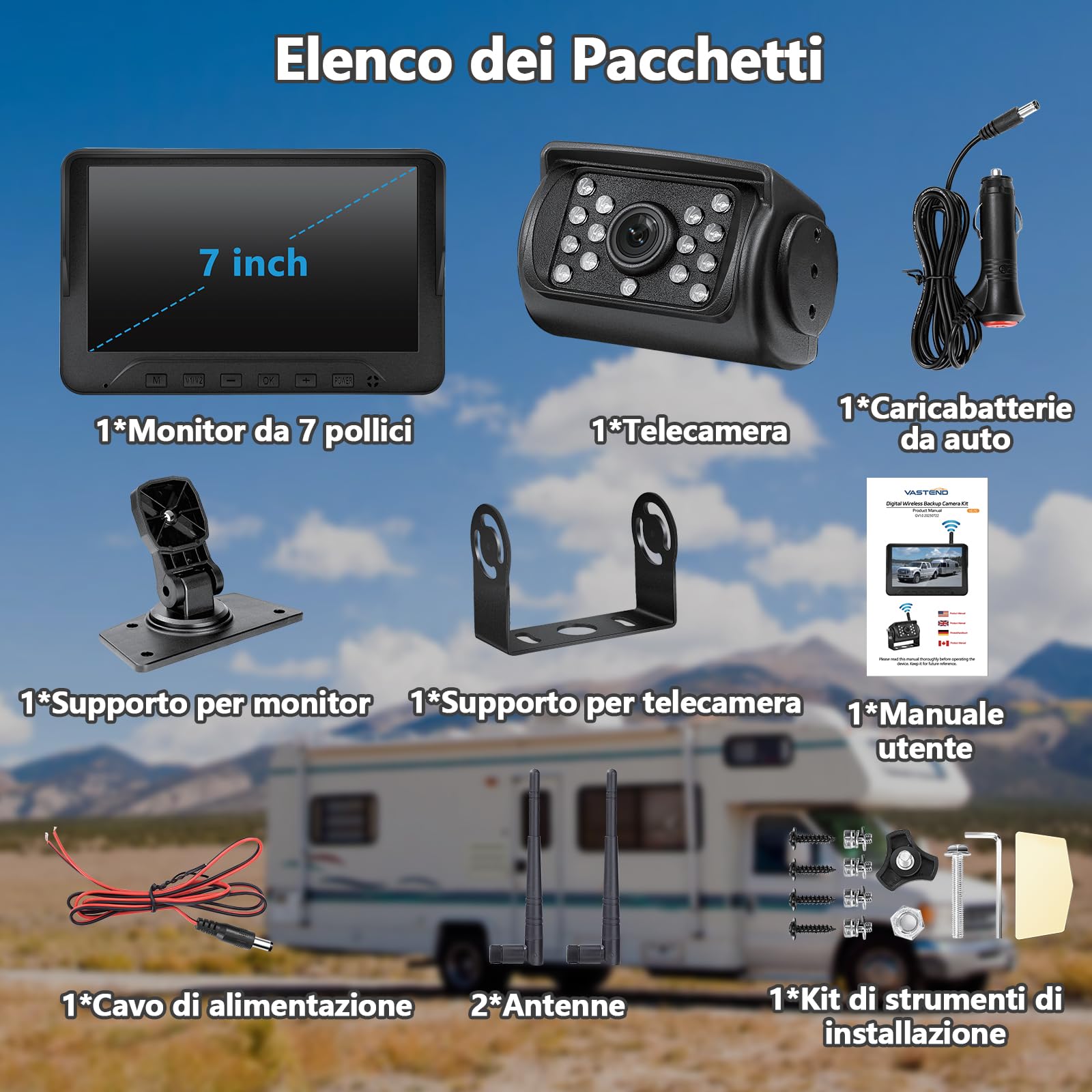 Telecamera Posteriore Senza Fili 7 Pollici 1080P Monitor con Impermeabile IP69, IR Visione Notturna, Grandangolare 170°, Telecamera di Retromarcia per Camper, Camion, Roulotte(VE-7C)