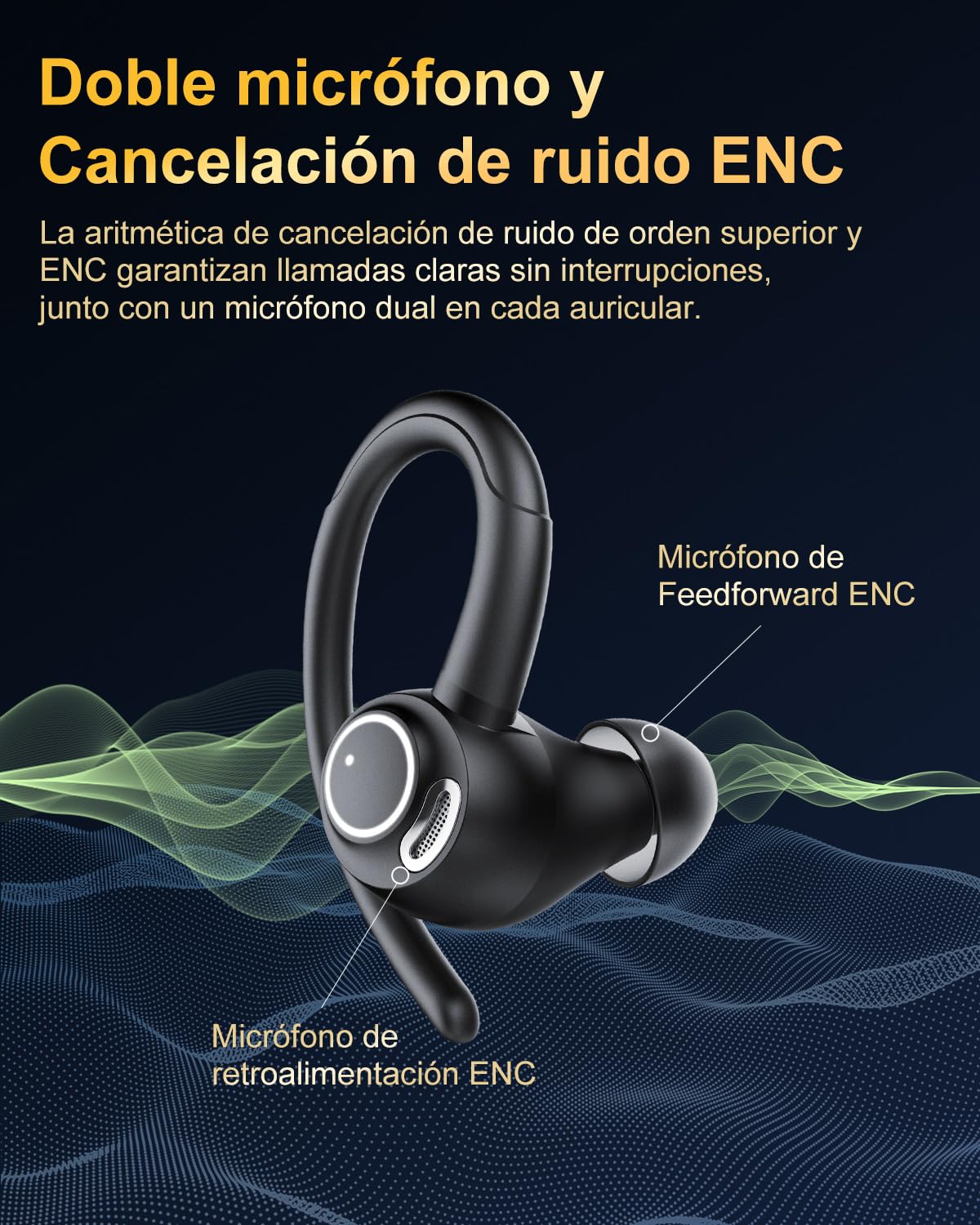 Jesebang Auriculares Inalámbricos Deportivos, Auriculares Bluetooth 5.3 con HD Micrófono, Sonido Premium, 40H de Reproducción, Pantalla LED, Cómodos de Llevar, Cascos Inalambricos con Gancho, Negro