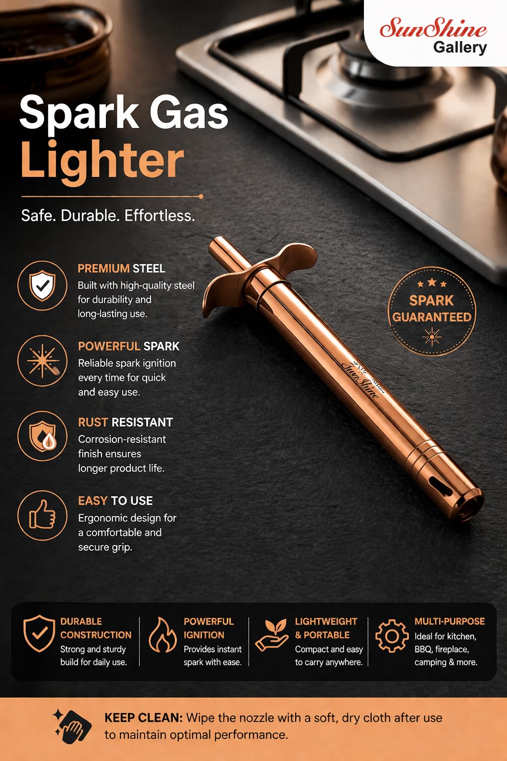 Spark Gas Lighter for Kitchen Use Restaurants Metal Gas Stove Lighter Regular Size Easy Grip Long Lasting, Rust Proof (Rose Gold, Pack of 1) — Amazon image 2