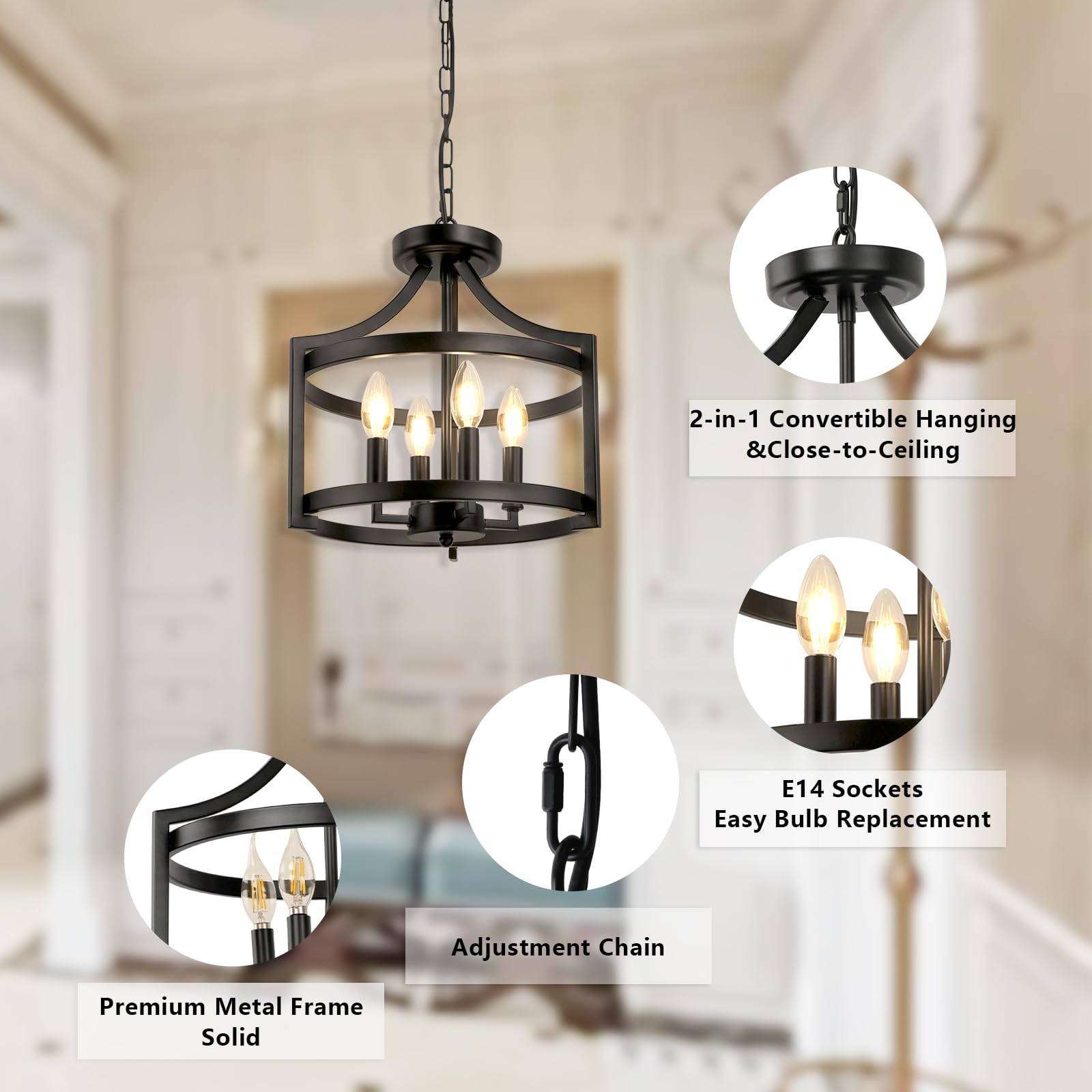 Kronleuchter Modern Schwarz Umwandelbare Landhaus Deckenlampe Wohnzimmer, 4 Lichter Rustikal Vintage Hängelampe Schlafzimmer, Höhenverstellbare Bauernhaus Pendelleuchte Deckenleuchte Flur
