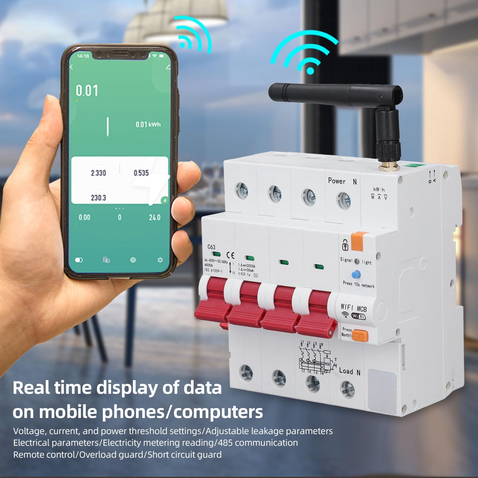 Smart Circuit Breaker Wifi Sicherungsautomat 4P 63A Tuya Schutzschalter | AC400V App Wlan Schalter mit MCB Zeitschaltuhr, FI Schutzschalter Hutschiene Mit Kurzschluss, Über, Unterspannungsschutz