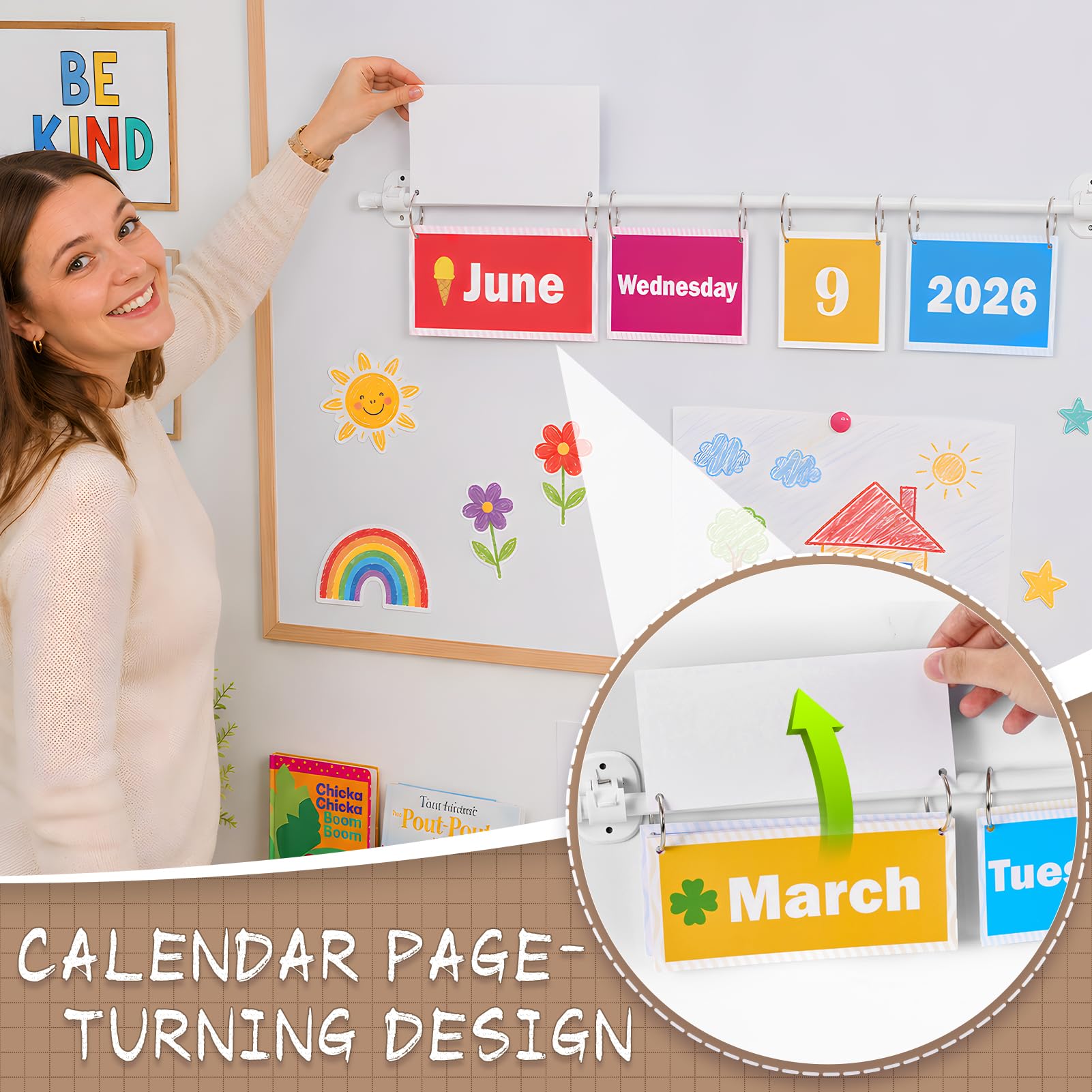 Magnetischer Stab Flip-Kalender für Klassenzimmer, bunte Kalender, Datumskarten mit verstellbarem Stab, Klassenzimmer Flip-Kalender, Pinnwand-Set für Whiteboard und Schulanfang