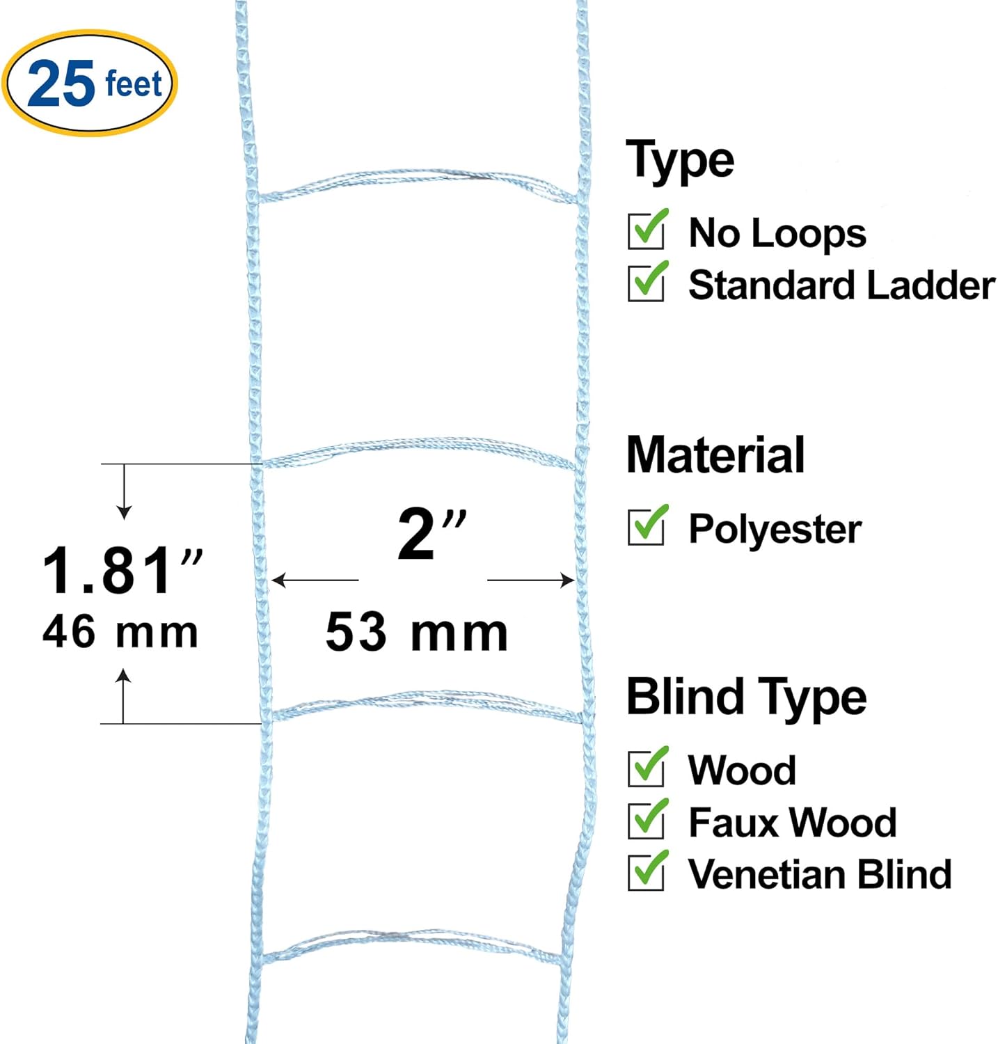 White String Ladder Tape for 2" (53mm) Wide Slats Horizontal Faux Wood, Wood & Venetian Blinds | with 1.81" (46mm) Spacing Between Slats (25 feet)