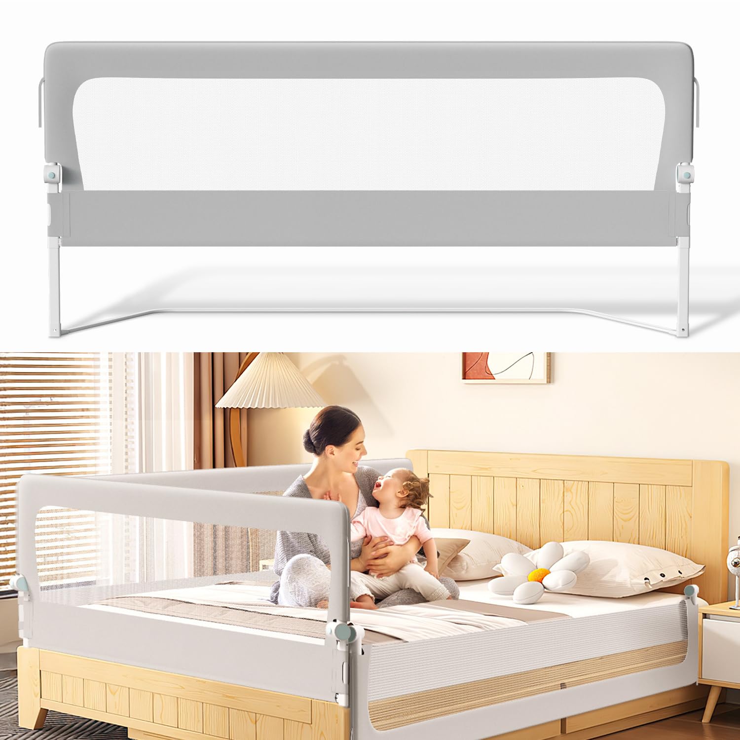 Bettgitter Rausfallschutz Bett, Rausfallschutz Boxspringbett 200cm, höhenverstellbar 72-86 cm, zusammenklappbar um 180 Grad, luftiges Netz, einfache Montage, Grau
