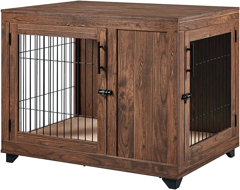 beeNbkks Furniture Style Dog Crate, Double Doors Wooden Wire Dog Kennel End Table, Pet Crate with Soft Bed, Decorative Dog House Pet Furniture Indoor Use