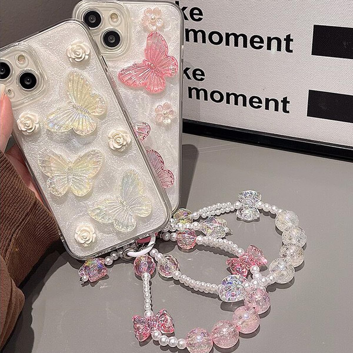 Changjia Funda protectora para iPhone con diseño de mariposa con purpurina en 3D, con perlas de cristal y correa para la muñeca, estética, suave, TPU, para mujeres y niñas (rosa)