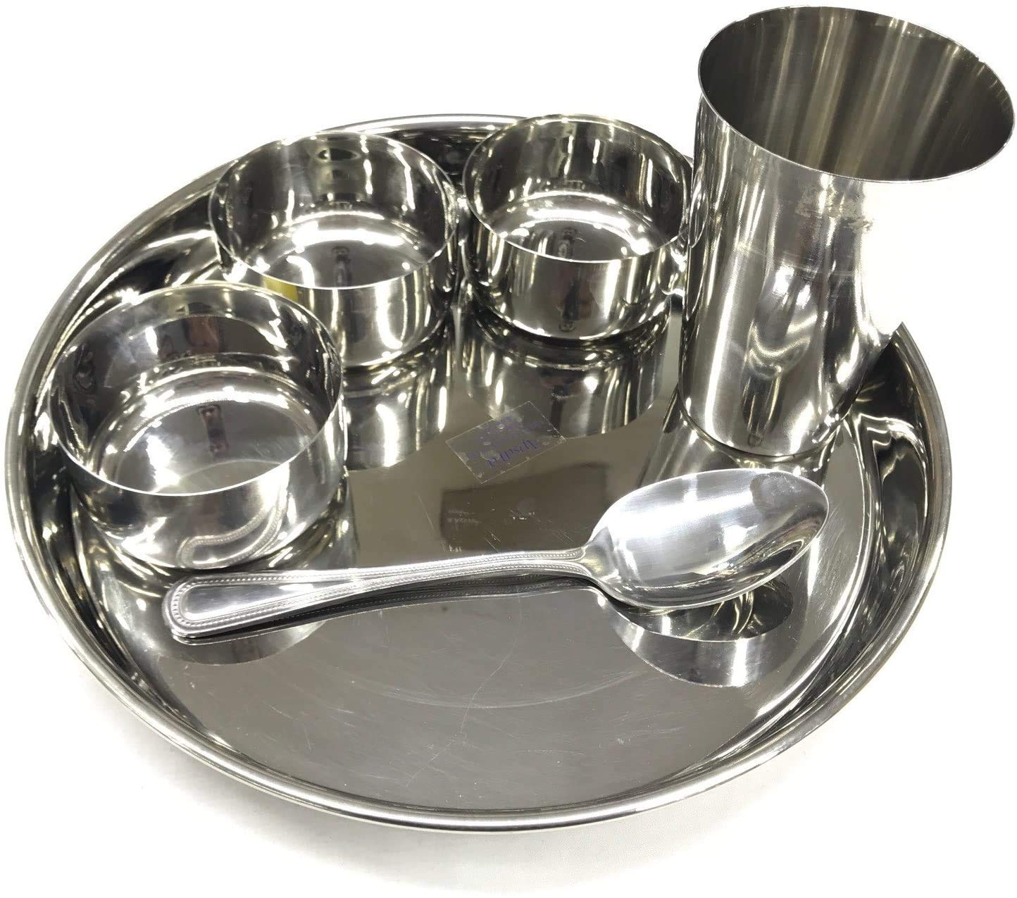Stainless Steel Dinner Set (Set of 6 Pieces) (Glass, Curry Bowl, Desert Bowl, Spoon, Quater Plate and Full Plate),Silver 1 Set - 6 Pcs — image 1
