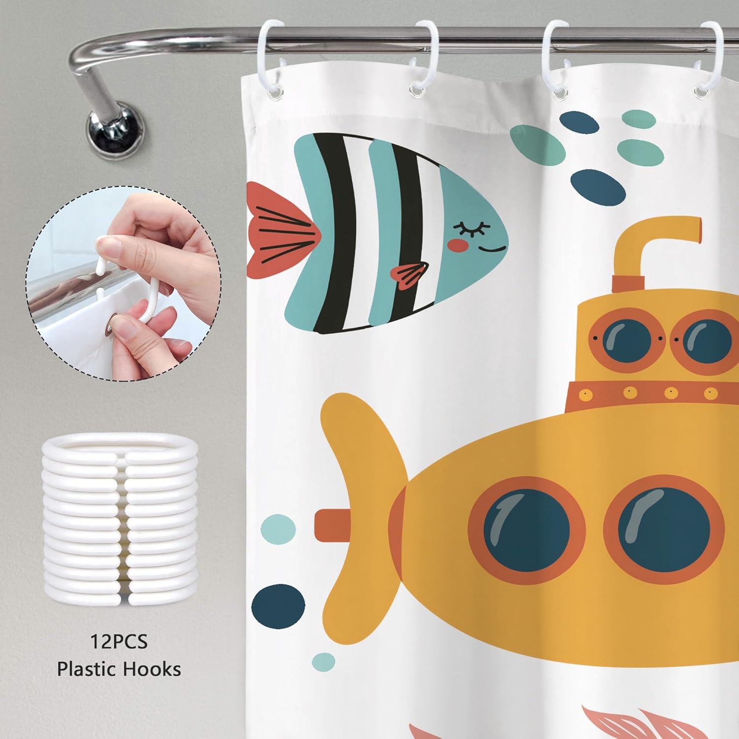 Kids Shower Curtain 72Wx84H Extra Long Ocean Cute Cartoon Whale Funny Kid Bathroom Decor Nursery Boys Girls Underwater Coastal Submarine Fish Animal Bath Curtain Fabric Polyester 12 Pack Hooks