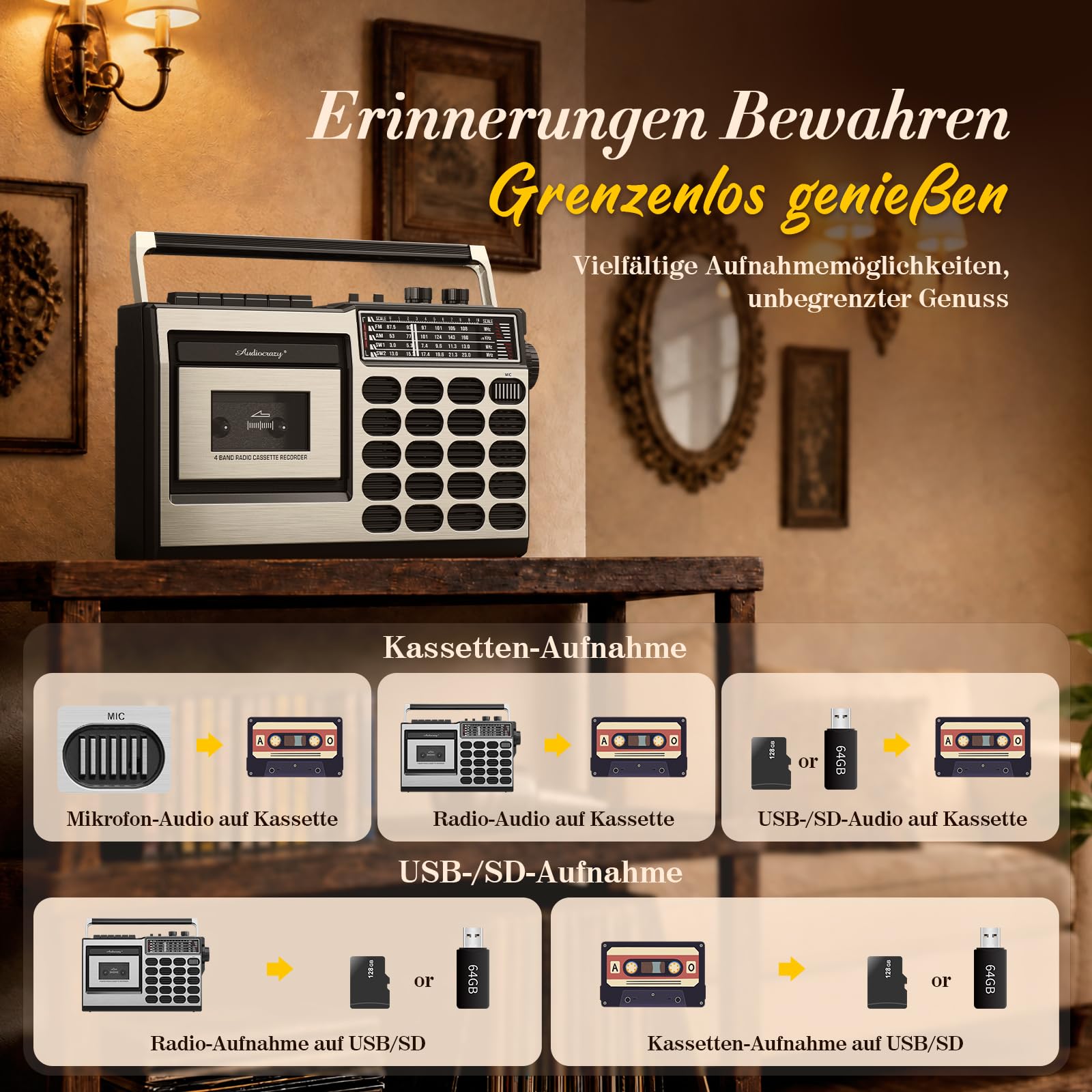 Tragbarer Kassettenspieler mit Radio FM/MW/SW, Kassettenrekorder mit USB/SD-Aufnahme, Kopfhöreranschluss, 5W Lautsprecher für Zuhause, Küche, Büro