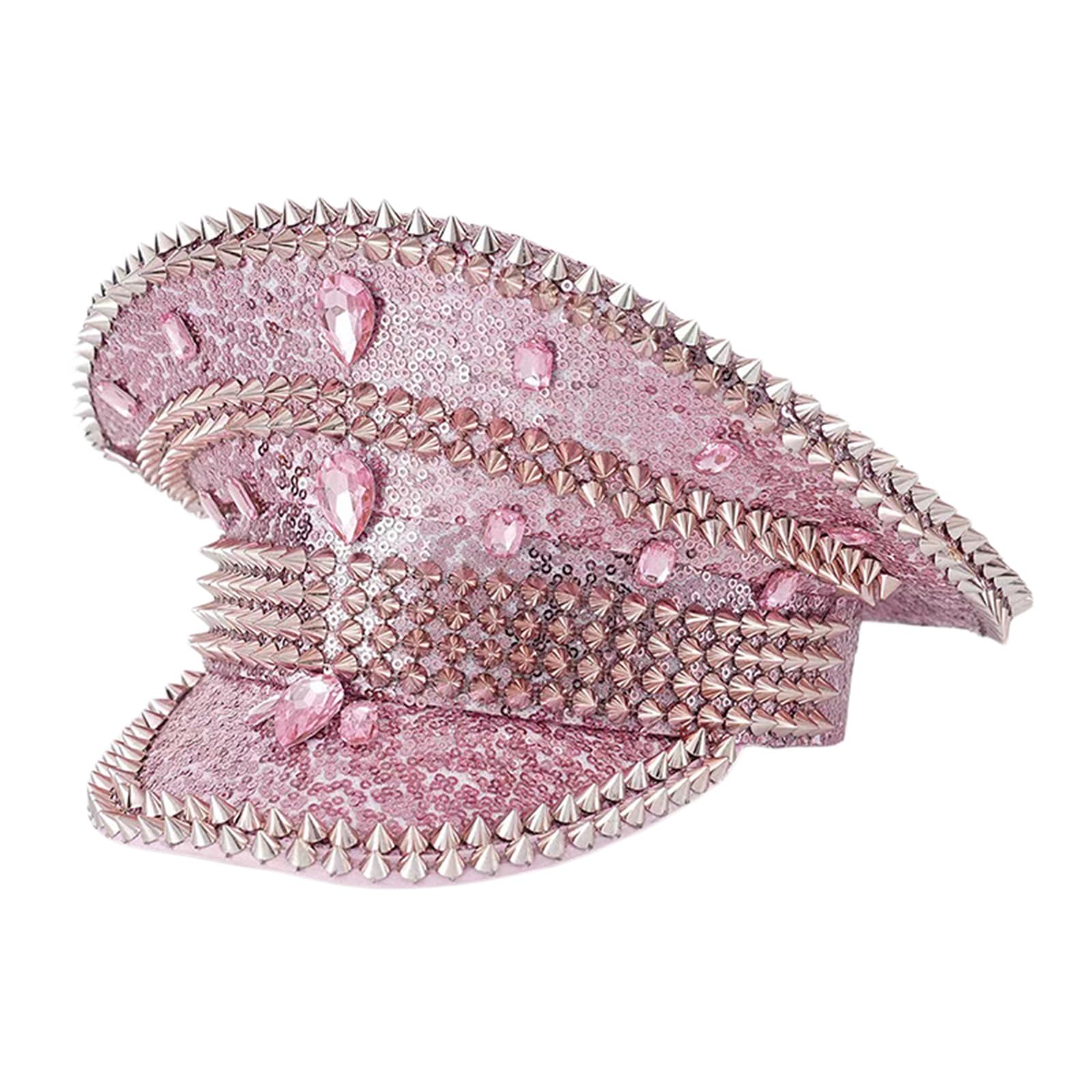 SANSIWU Rhinestone Sequin Captain Hat Sparkly Spiked Steampunk Military Hat Glitter Rave Party Costume Headwear for Women Bachelorette Cap (A-Pink, ONE Size)