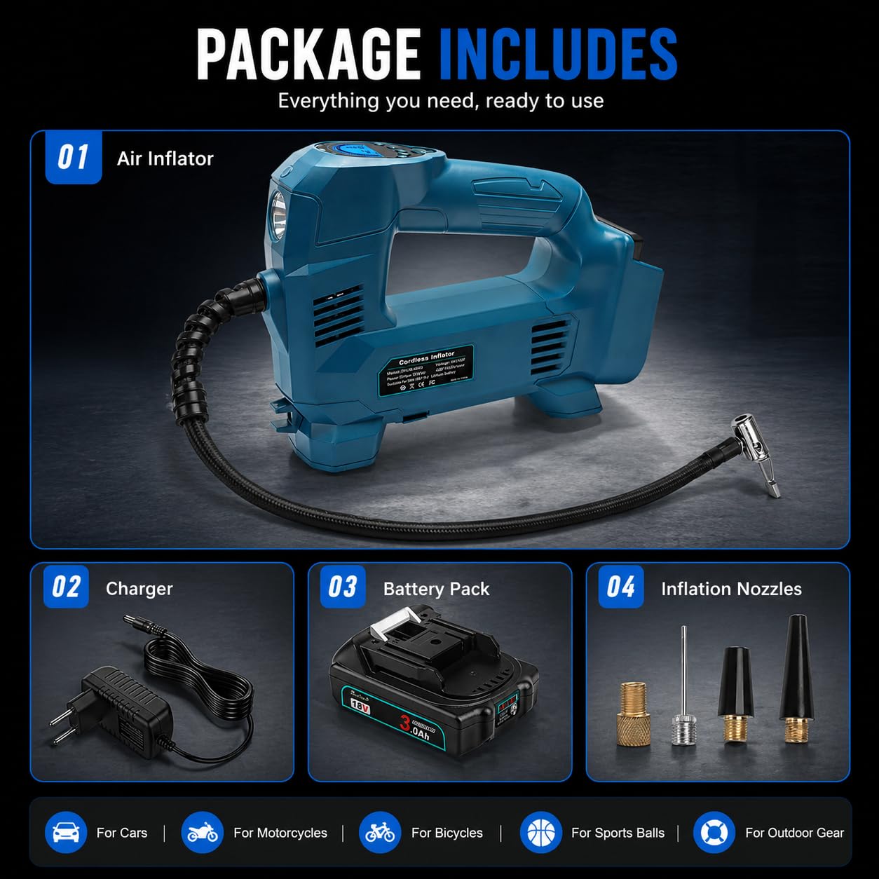 Compresseur d’air sans fil 150 PSI compatible batteries Makita 18V avec écran numérique arrêt automatique lampe LED pompe à air portable pour voiture moto vélo ballon